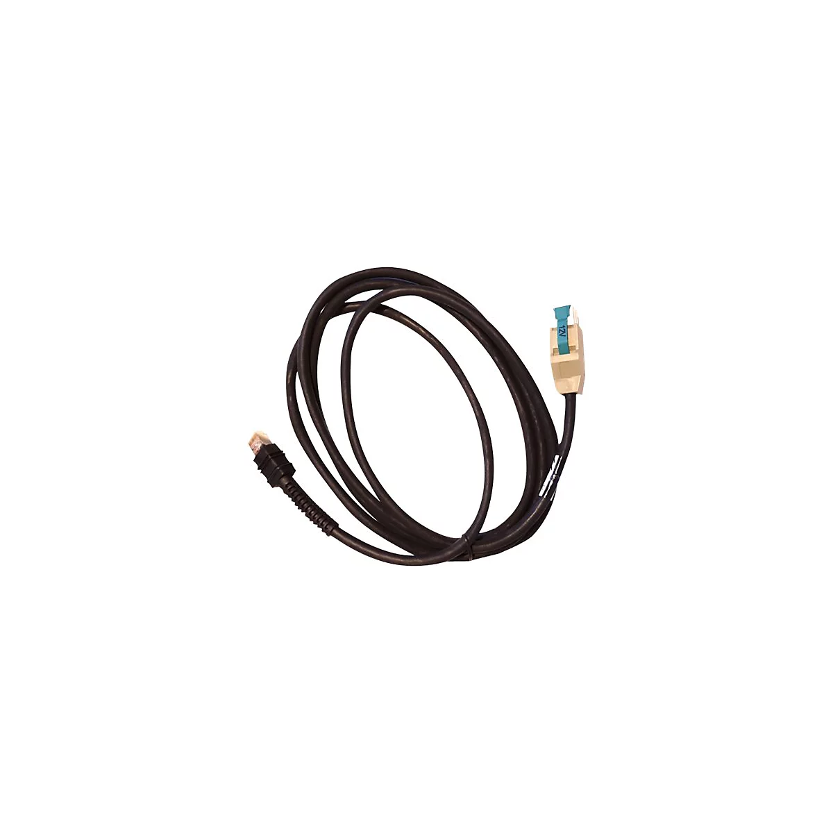 Câble noir avec connecteur RJ45, connecté à un connecteur beige avec une étiquette bleue "12V".