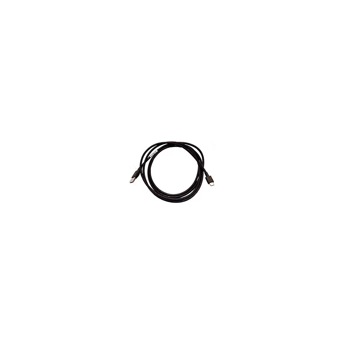 Un câble USB-C noir qui s'enroule sur un fond blanc. Une extrémité est dotée d'un connecteur USB-A, l'autre d'un connecteur USB-C.