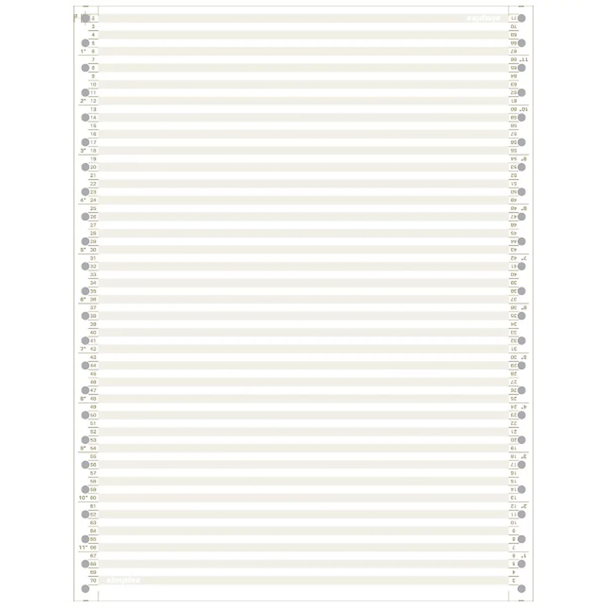 A blank, lined sheet of paper with numbered holes on the sides. The paper has a light, cream-colored hue.