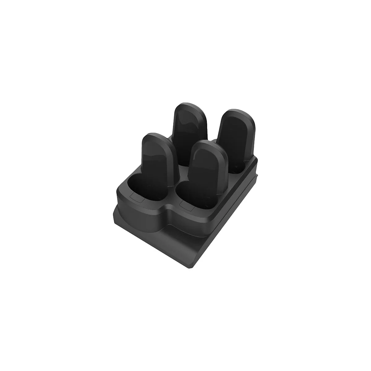 Station de recharge noir avec quatre renfoncements pour appareils.