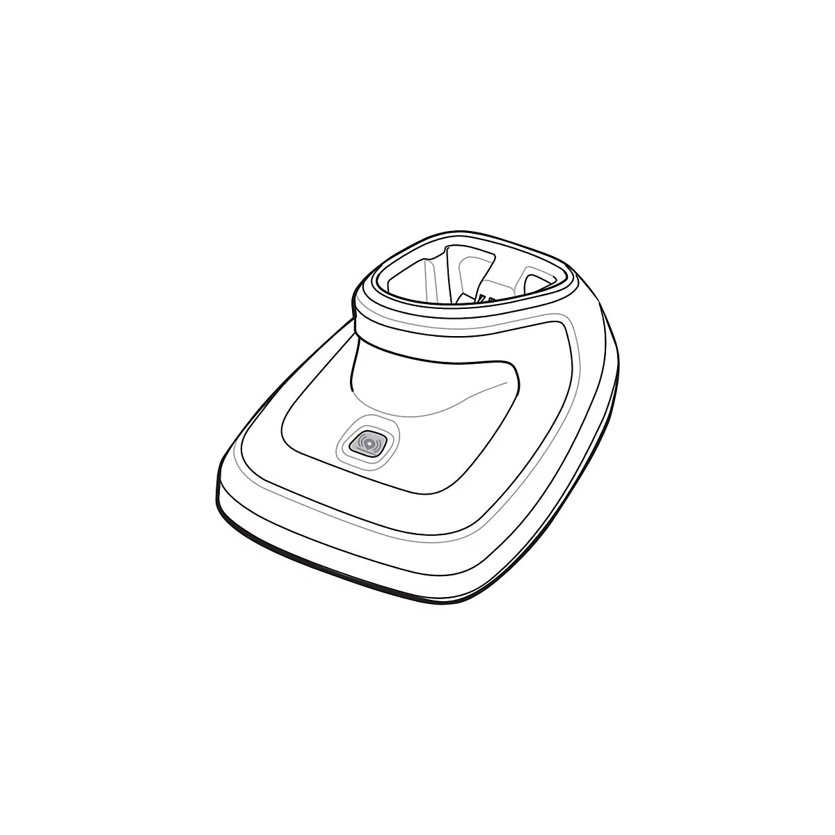 Représentation en noir et blanc d'une station de charge. Avec un bouton et une forme incurvée.