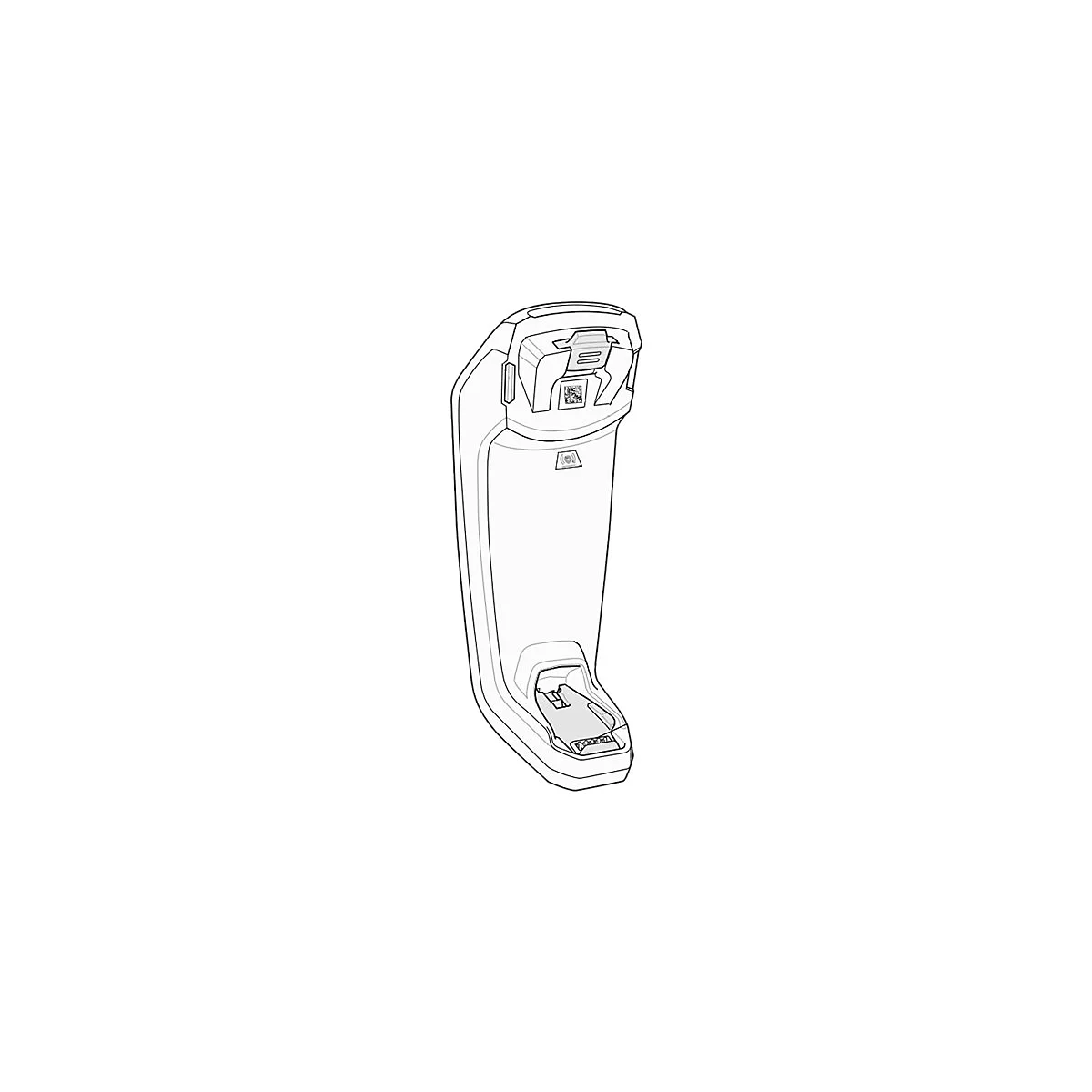 Schwarz-weiße Abbildung eines Scanners. Scanner mit QR-Code und Steckplatz.