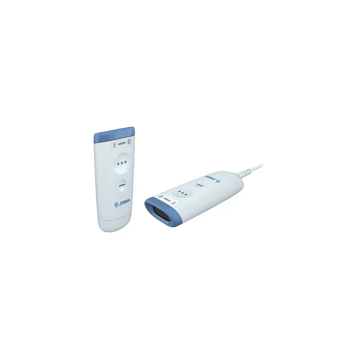 Zwei weiße Barcodescanner, einer mit Kabel, beide mit blauen Akzenten und Zebra-Logo.