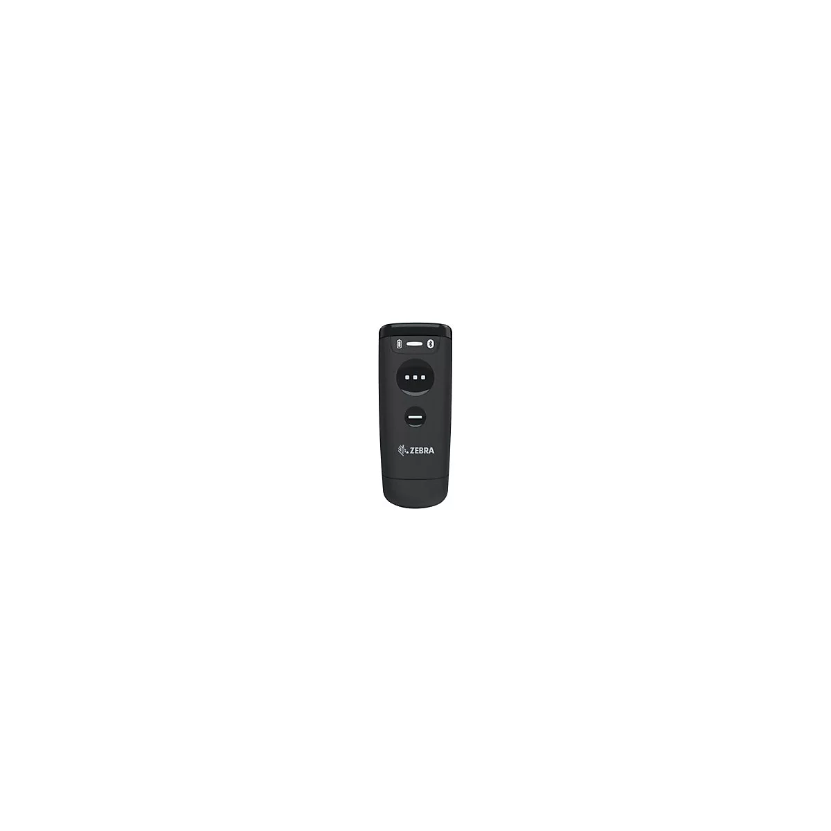 Schwarzer Handheld-Scanner mit Tasten und Bluetooth-Symbolen. Zebra-Logo unten.