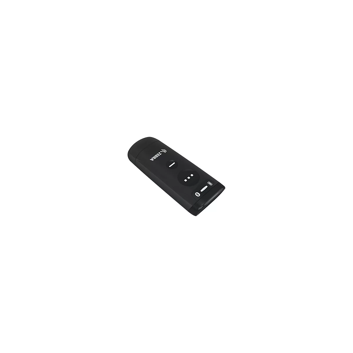 Schwarzer Handscanner mit Zebra-Logo und Knöpfen. Unten sind ein Bluetooth- und ein Ladeanschluss abgebildet.