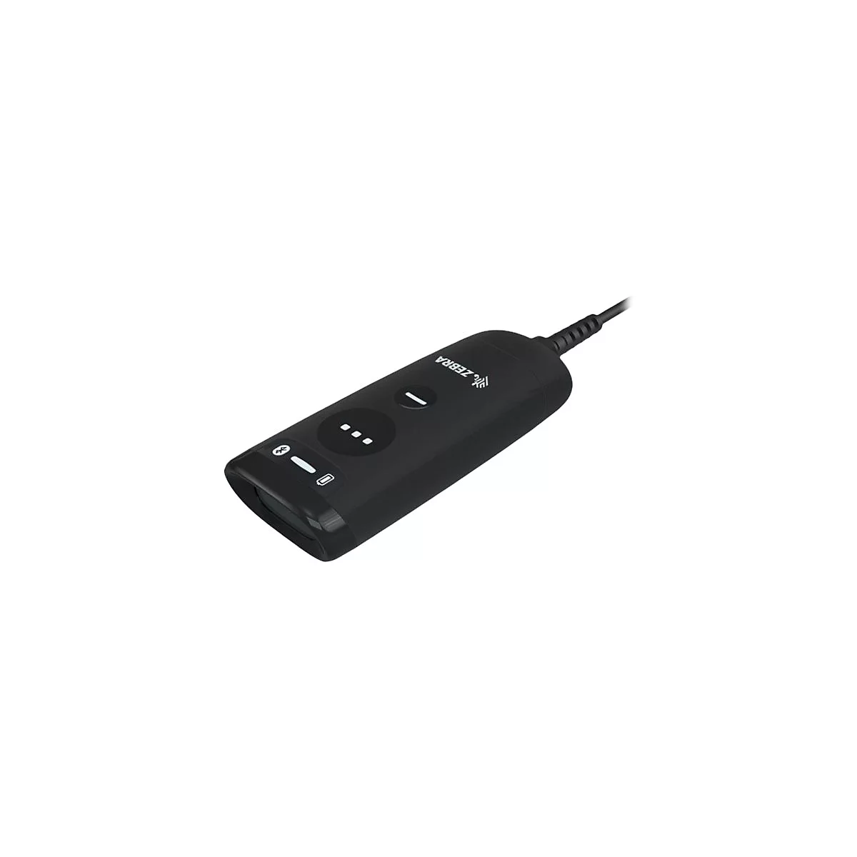 Scanner portable noir avec câble. Logo Zebra en haut. Indicateurs LED et boutons sur la surface.