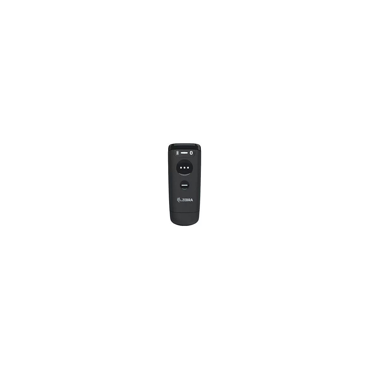 Un appareil Zebra noir avec des boutons et trois points blancs. Symboles de batterie et Bluetooth en haut.