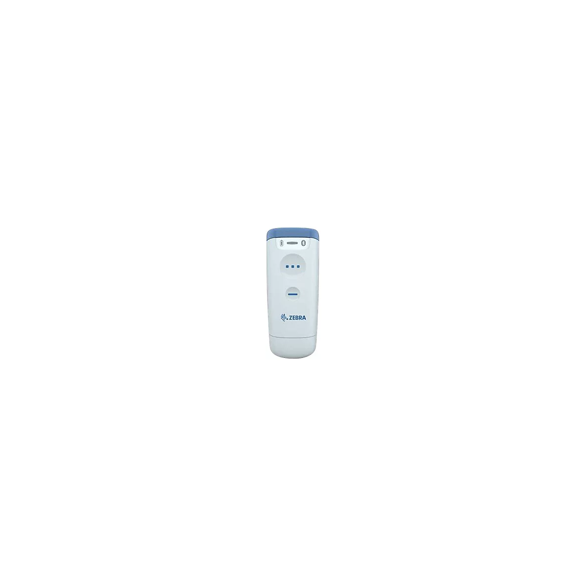 Un appareil rectangulaire blanc avec un capuchon bleu. Symboles supérieurs pour Bluetooth et alimentation. En dessous, trois points et une ligne. Logo Zebra.