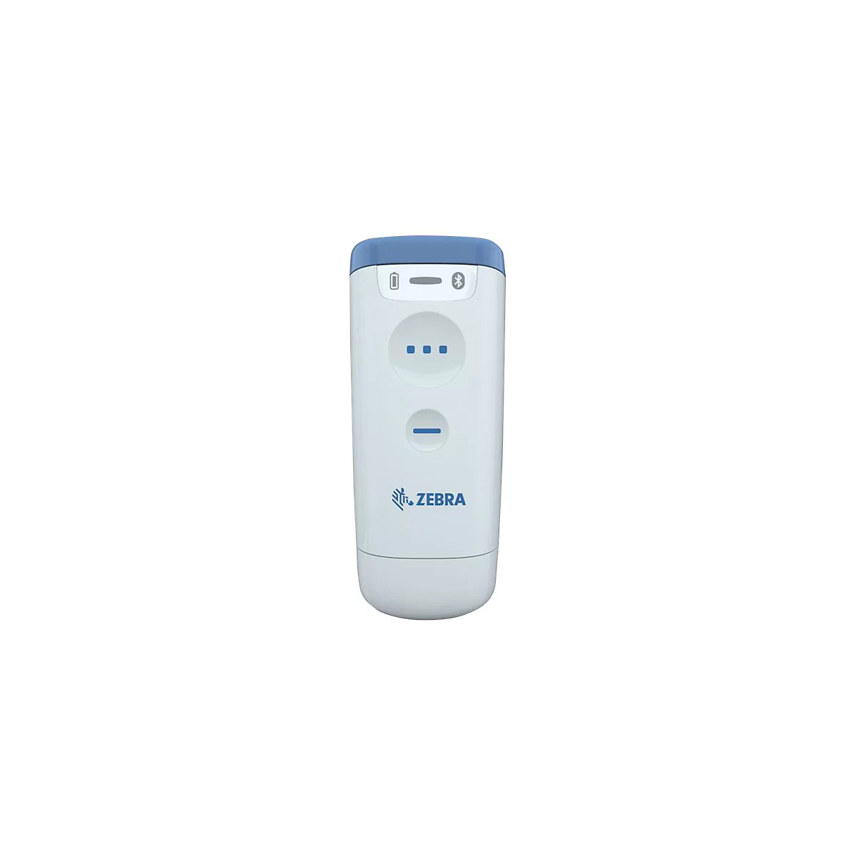 WeiÃŸes, lÃ¤ngliches GerÃ¤t mit blauem Oberteil. Es hat KnÃ¶pfe, Bluetooth- und Akkuanzeige. Das Zebra-Logo ist unten.