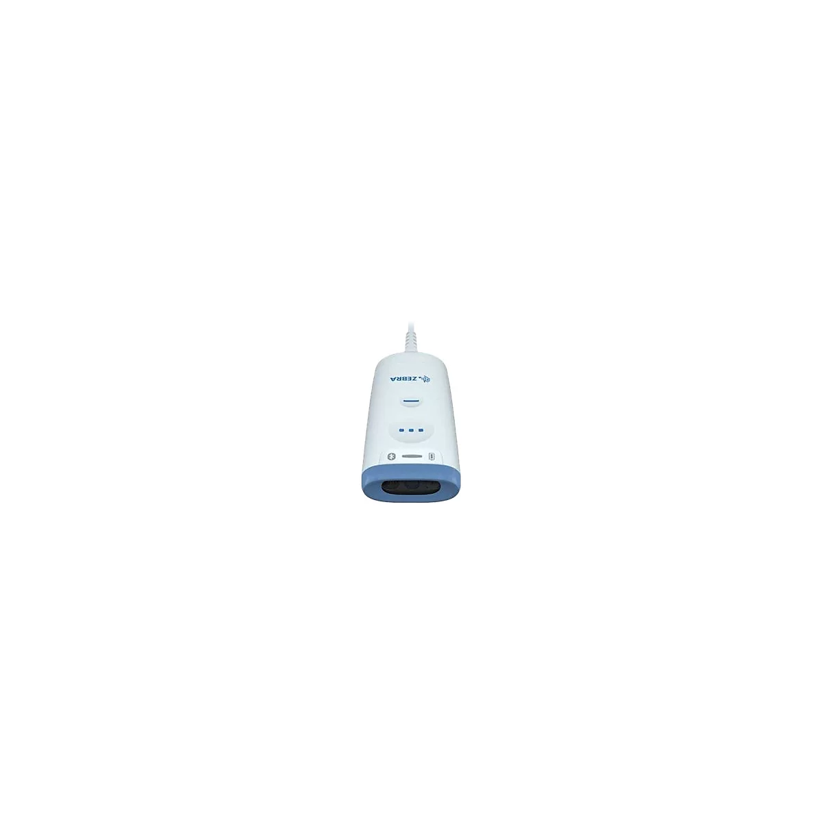 Scanner de codes-barres sans fil de Zebra, blanc et bleu, avec logo et voyants.
