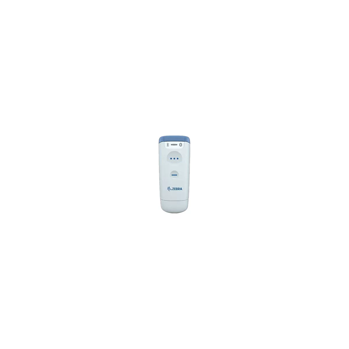 Appareil Zebra blanc et bleu pratique. Indicateurs supérieurs pour Bluetooth et alimentation, en dessous trois points et une ligne. Appareil avec des coins arrondis.