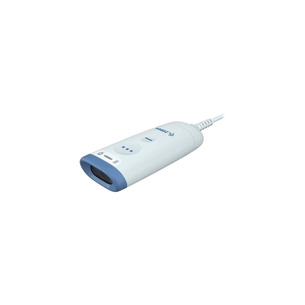 Scanner de codes-barres blanc et bleu avec un câble. Boutons bleus sur la surface, logo Zebra visible.