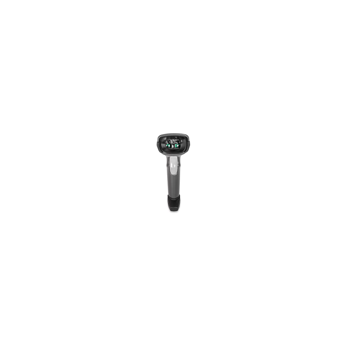 Draufsicht auf einen schwarzen Barcode-Scanner mit weißem Griff auf schwarzem Hintergrund.