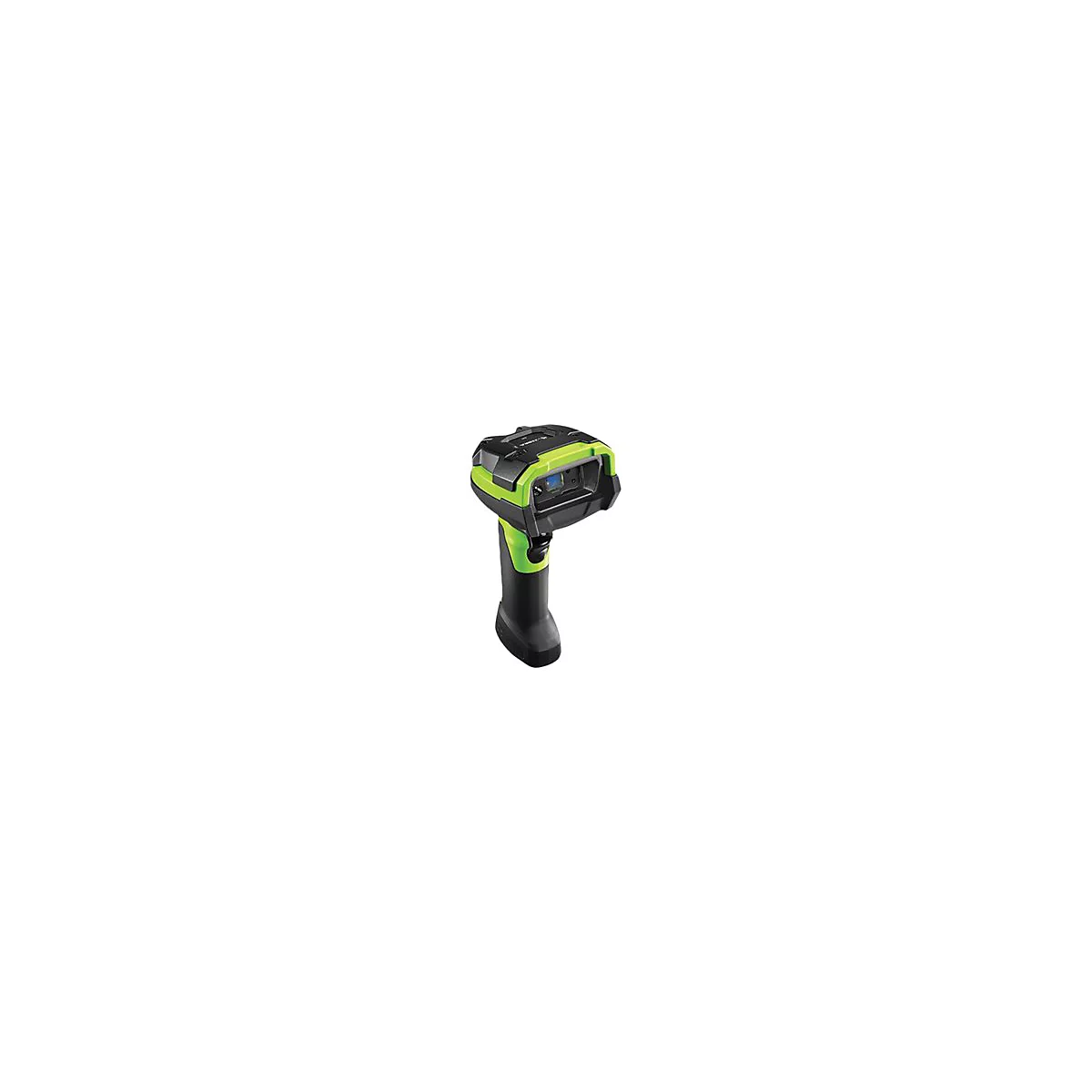 Ein Barcode-Scanner in Schwarz, Grün und Grau. Griff, Oberteil und Gehäuse bilden eine Einheit.