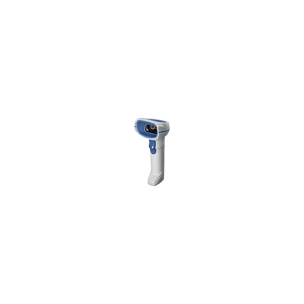 Ein weiÃŸ-blauer Barcode-Scanner; HandgerÃ¤t mit Griff, AuslÃ¶ser und Scan-Kopf. Auf weiÃŸem Hintergrund.