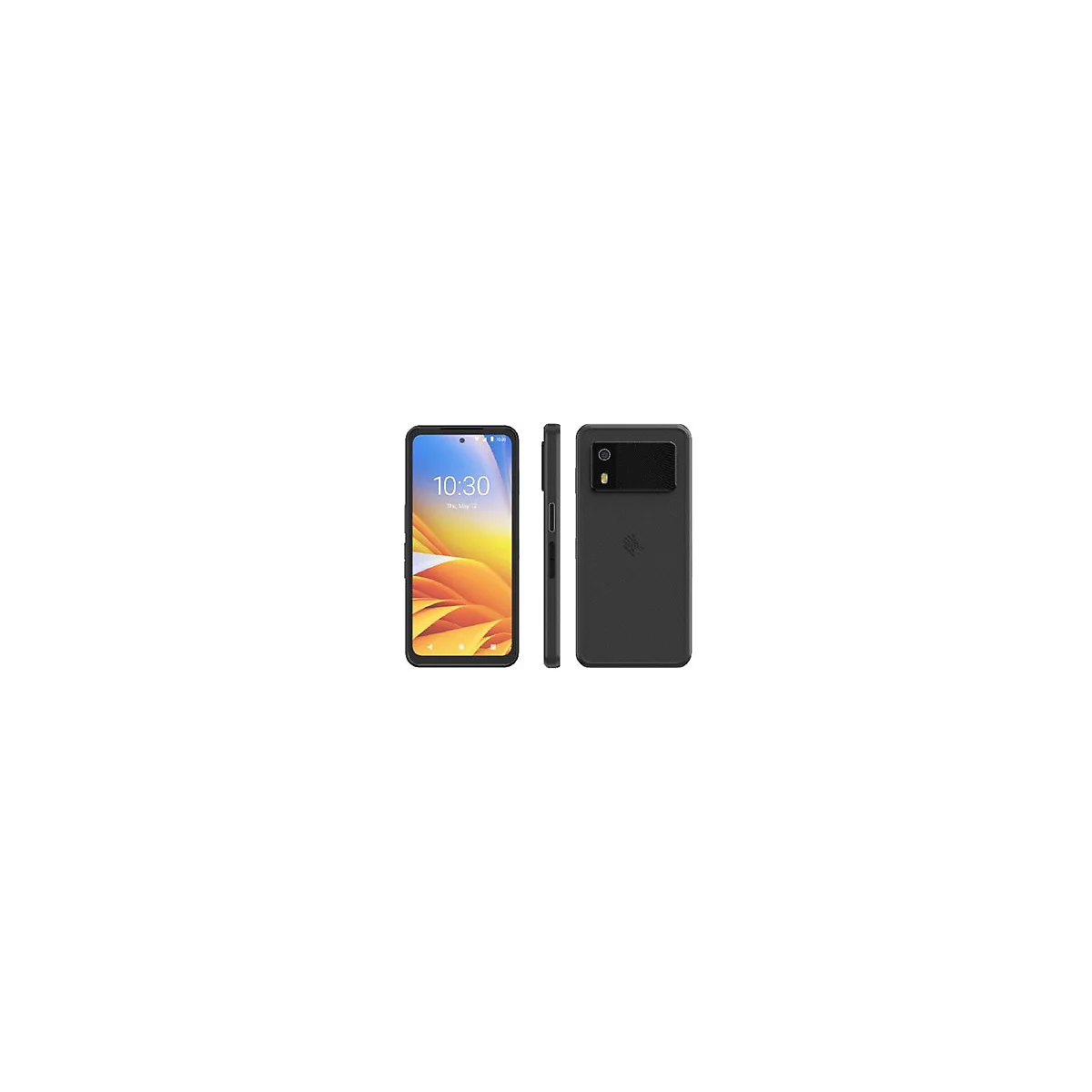 Schwarzes Smartphone mit drei Ansichten: Vorder-, Seiten- und Rückseite. Auf dem Display 10:30 Uhr. Rückseite mit Kamera und Textur.