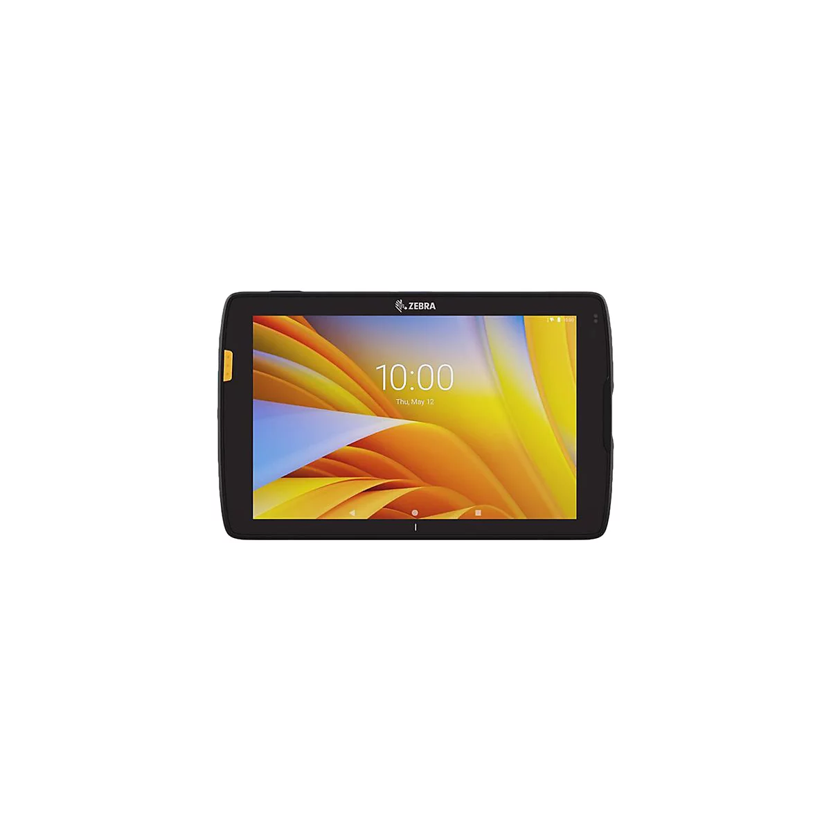 Schwarzes Tablet mit Ziffernanzeige 10:00. Zebra Logo oben, eine gelbe Taste an der Seite.