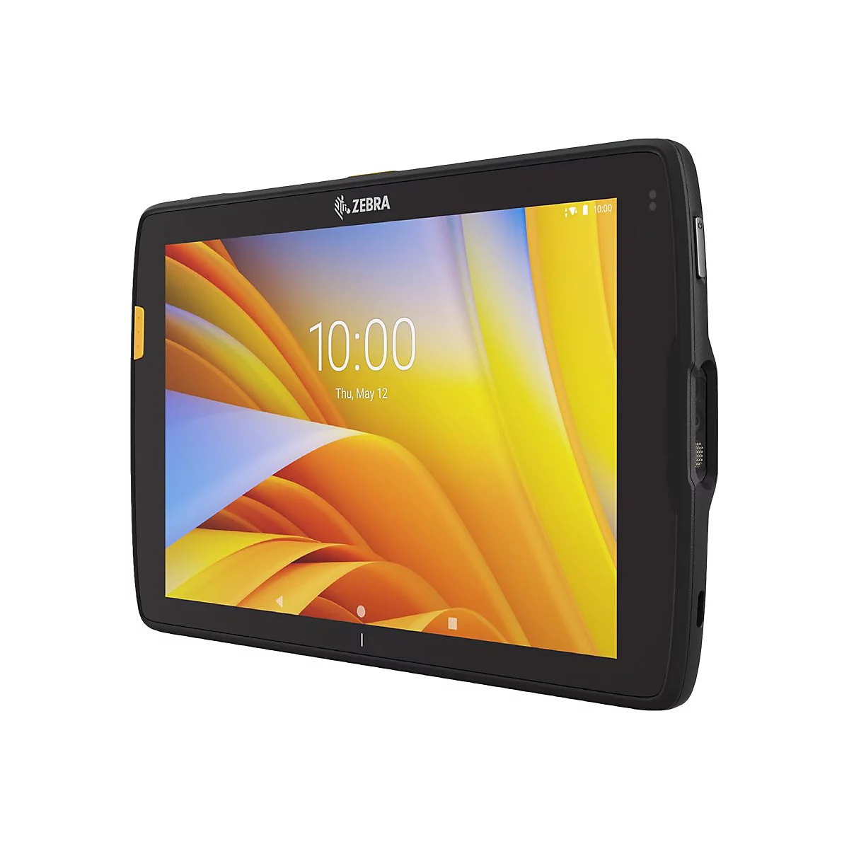 Schwarzes Tablet mit Displayanzeige 10:00, Thu May 12. Gelber Akzent. Zebra-Logo oben.