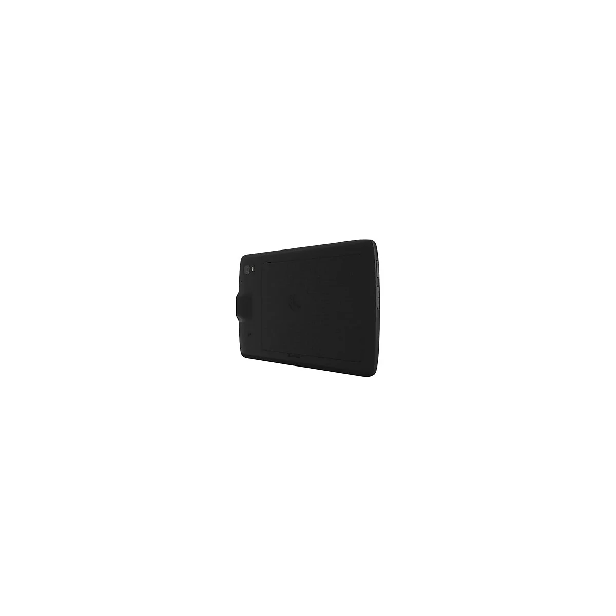Schwarzes Tablet, leicht schrÃ¤g von hinten gezeigt, mit einer strukturierten OberflÃ¤che und einer Kamera.