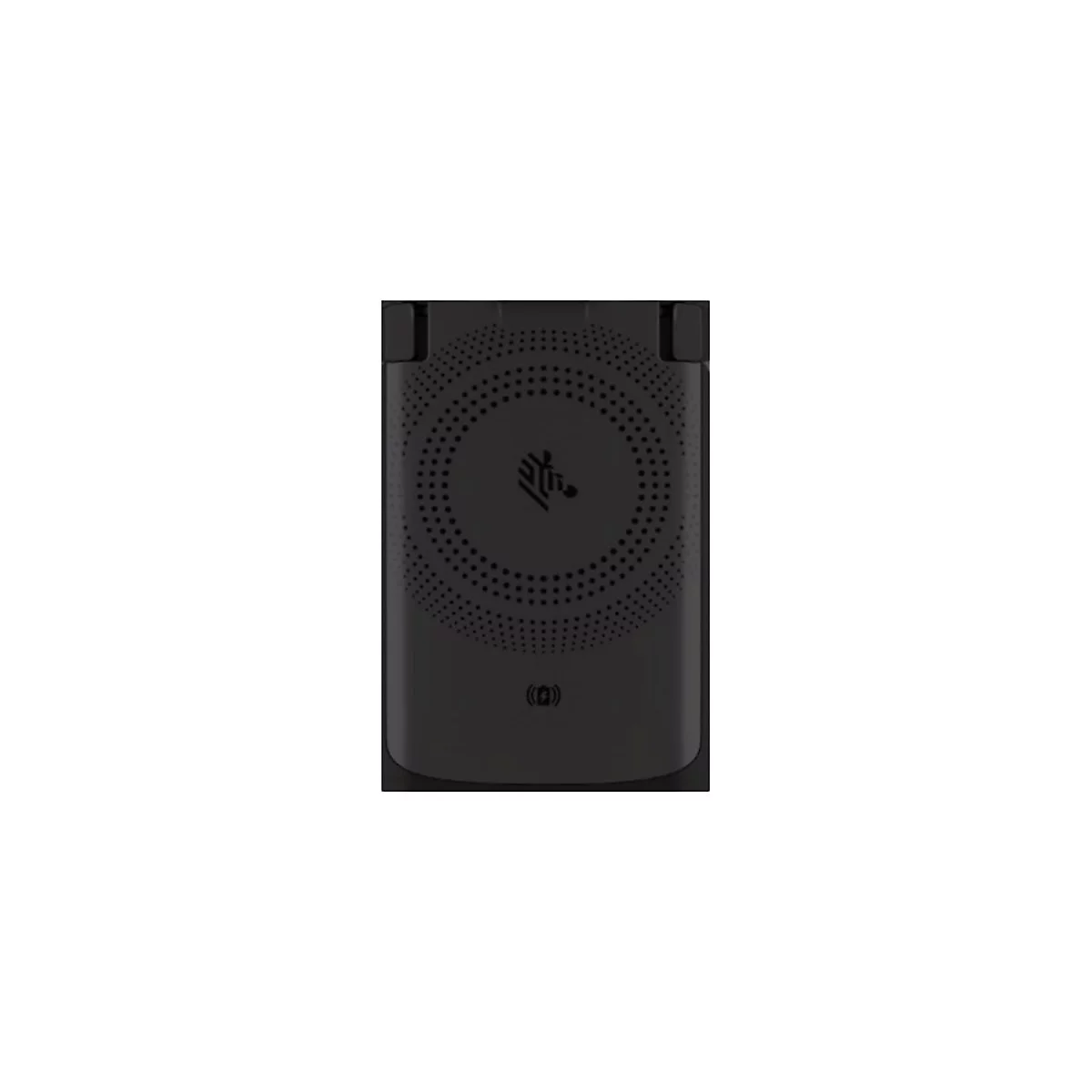 Dunkles, rechteckiges Ladegerät mit kreisförmigem Lochmuster und Zebra-Logo. Unten ein kabelloses Ladesymbol.