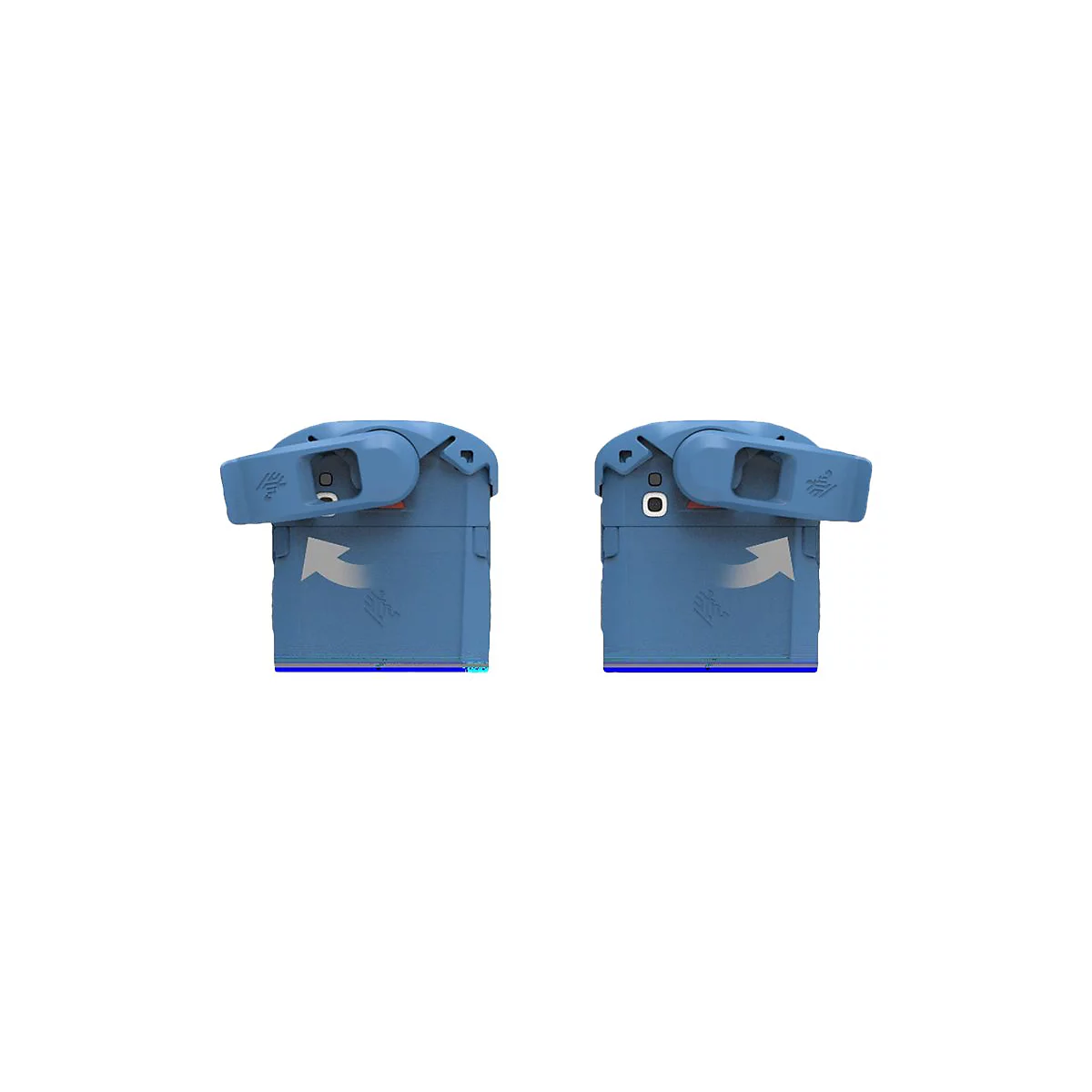 Zwei blaue Bauteile mit beweglichem Hebel und Pfeilsymbolen, die die Rotationsrichtung anzeigen.