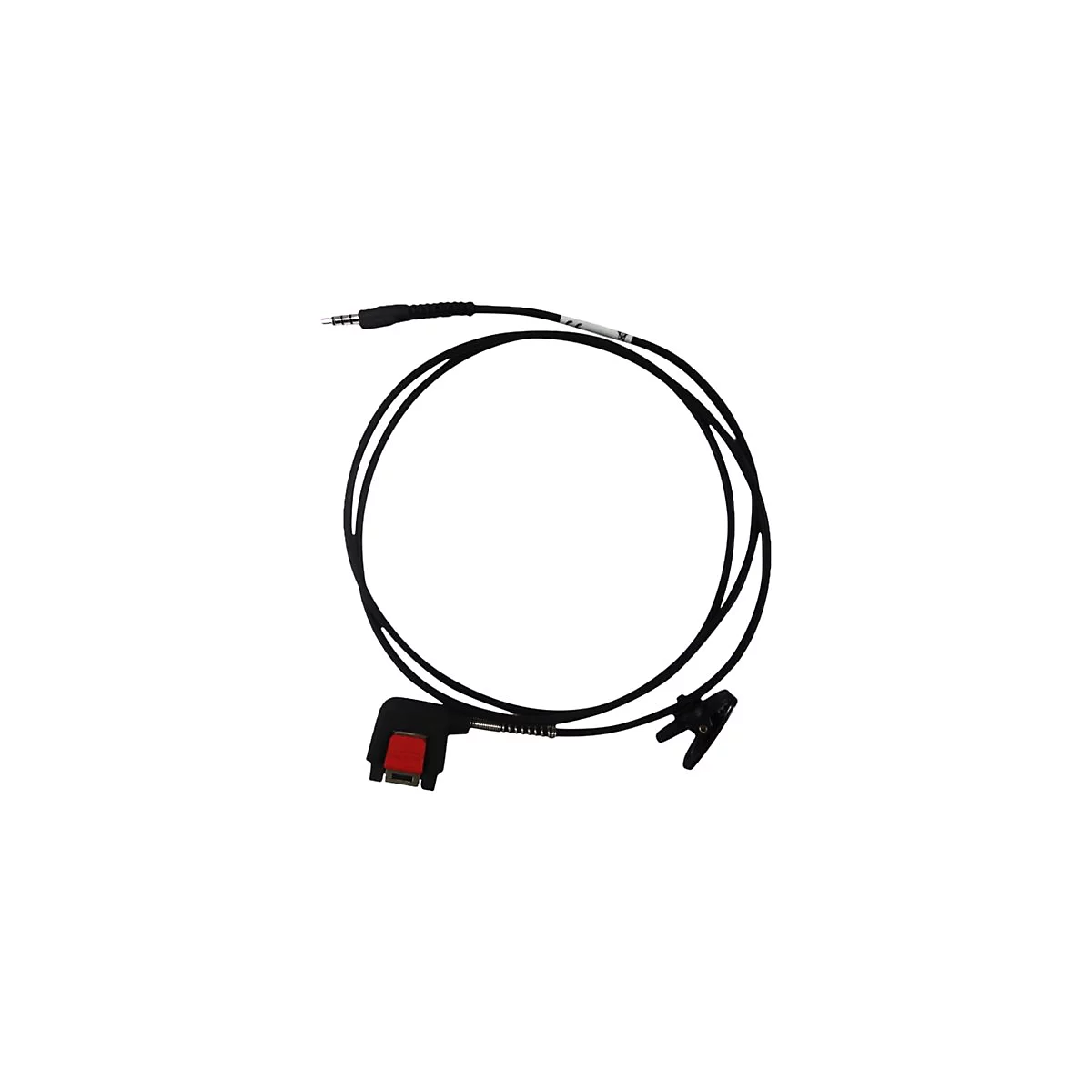 Schwarzes Headset-Kabel mit 3,5-mm-Klinkenstecker und Clip. Ein roter Knopf befindet sich an einem Ende.