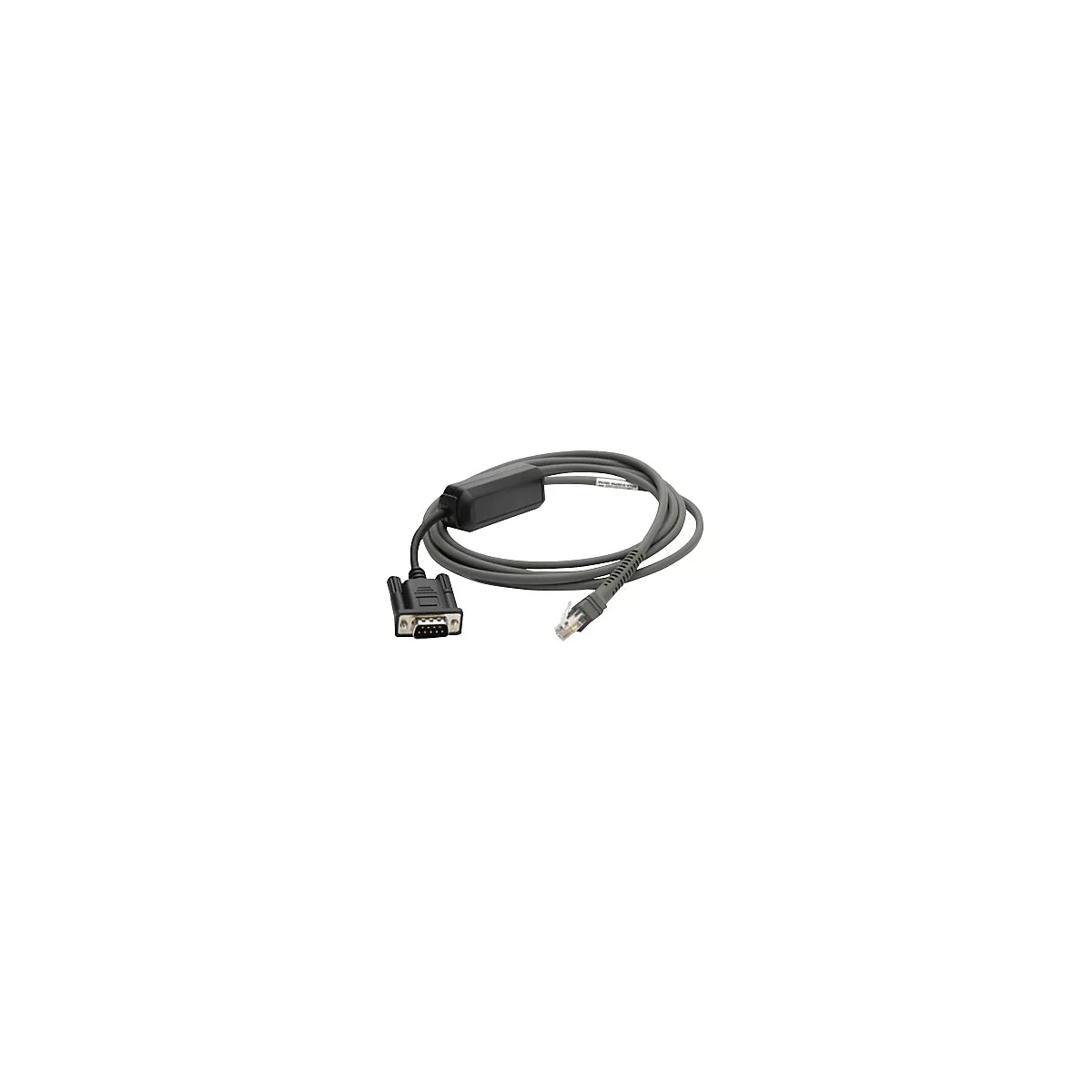 Graues Kabel mit zwei Anschlüssen, ein RJ45 und ein serieller DB9-Stecker, auf weißem Hintergrund.
