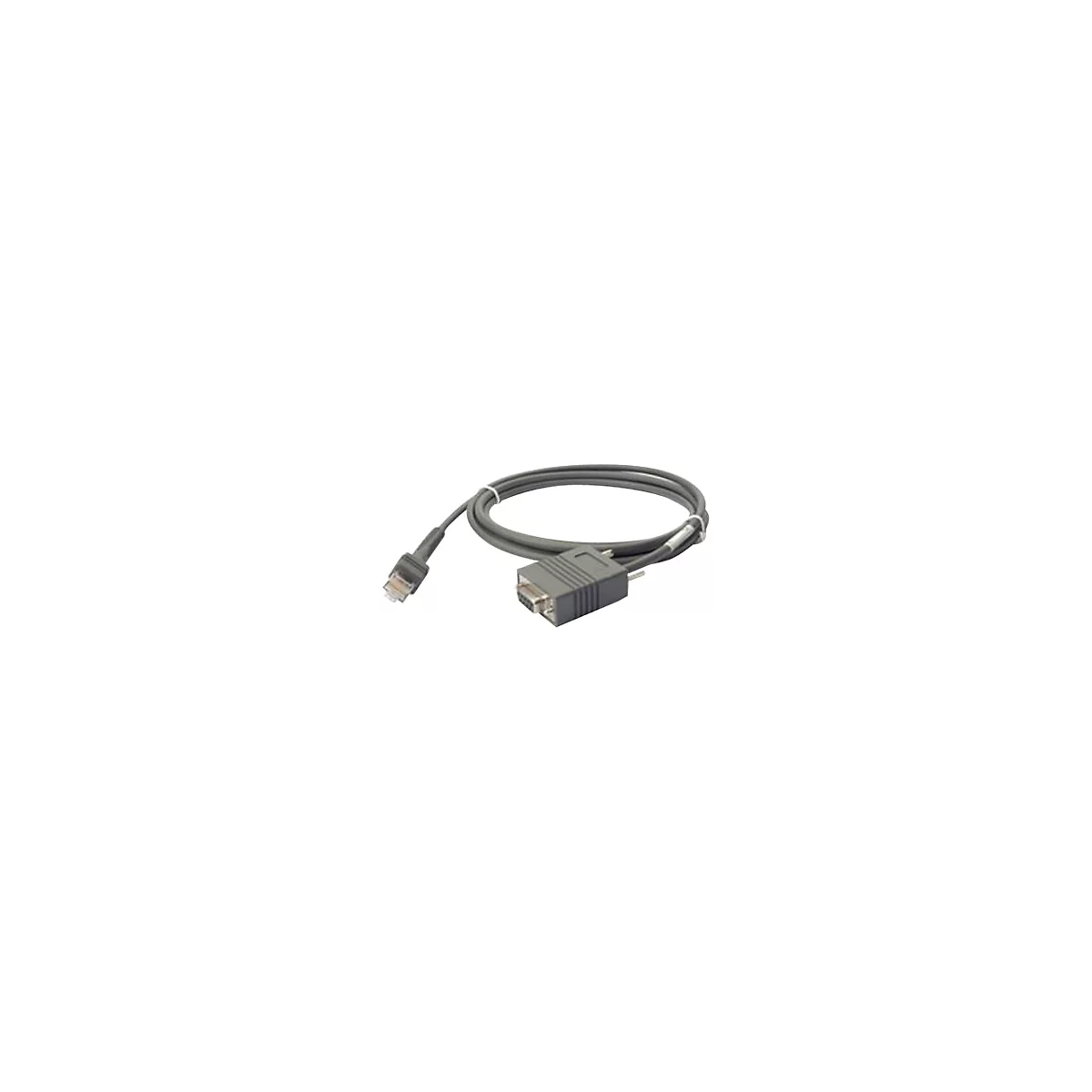 Graues Adapterkabel mit einem RJ45-Stecker an der einen und einem seriellen DB9-Stecker an der anderen Seite.