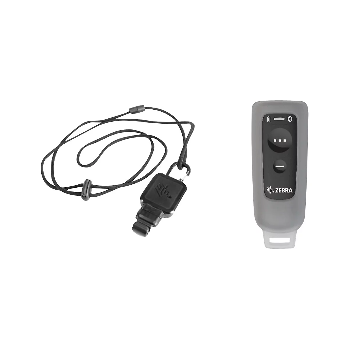 Support de télécommande gris avec cordon noir. Des symboles figurent sur la télécommande, ainsi que le logo Zebra.