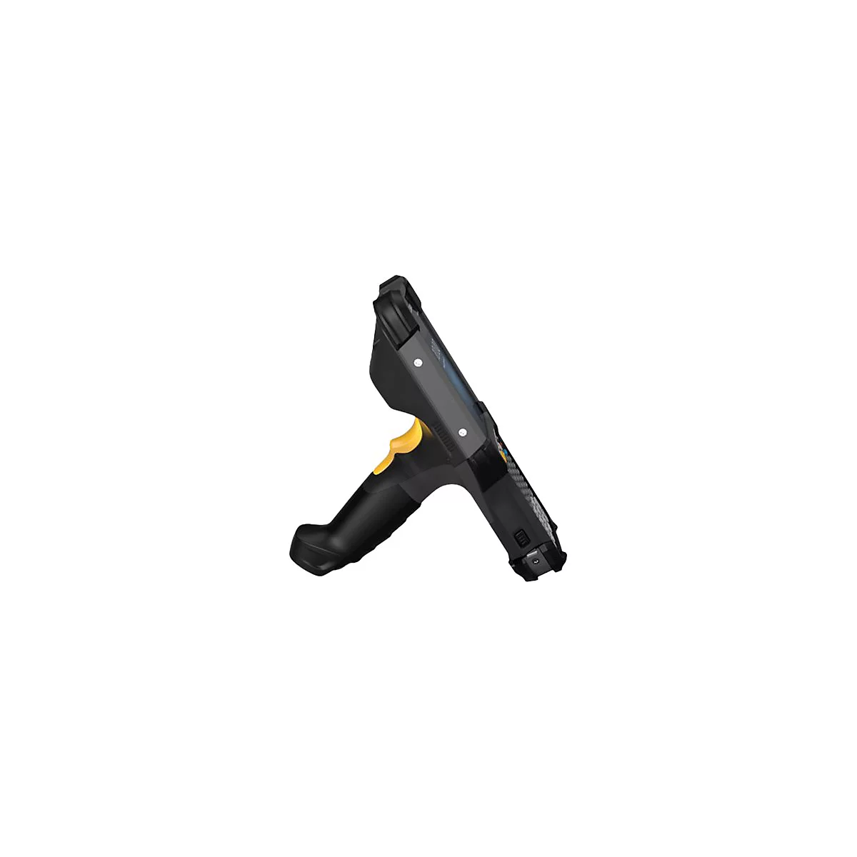 Schwarzes, ergonomisches HandgerÃ¤t mit gelbem Knopf. Es ist leicht angewinkelt und auf weiÃŸem Hintergrund zu sehen.