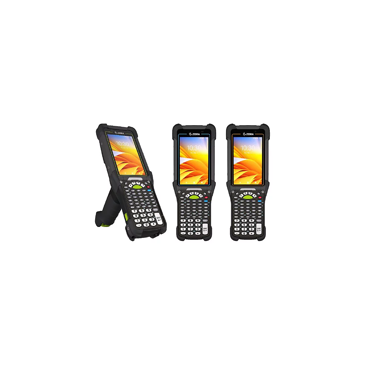 Drei robuste Mobilcomputer nebeneinander. Der linke ist aufgestellt, die Displays zeigen 10:30 Uhr.