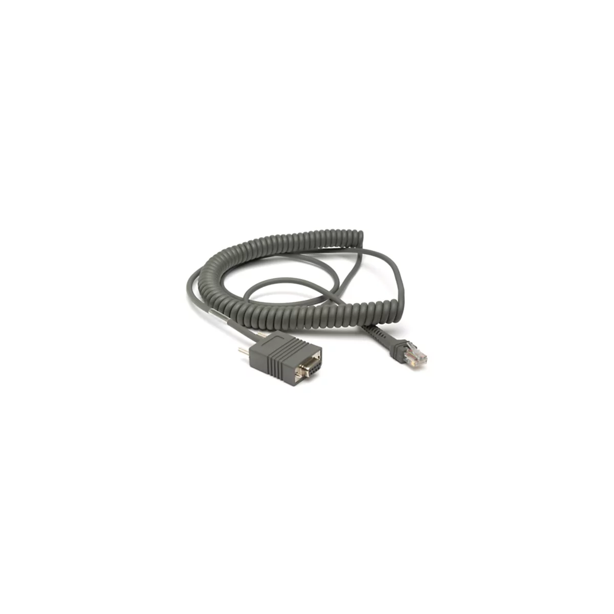 Câble spiralé gris avec des connecteurs aux deux extrémités; une extrémité est un port série, l'autre un connecteur RJ45.