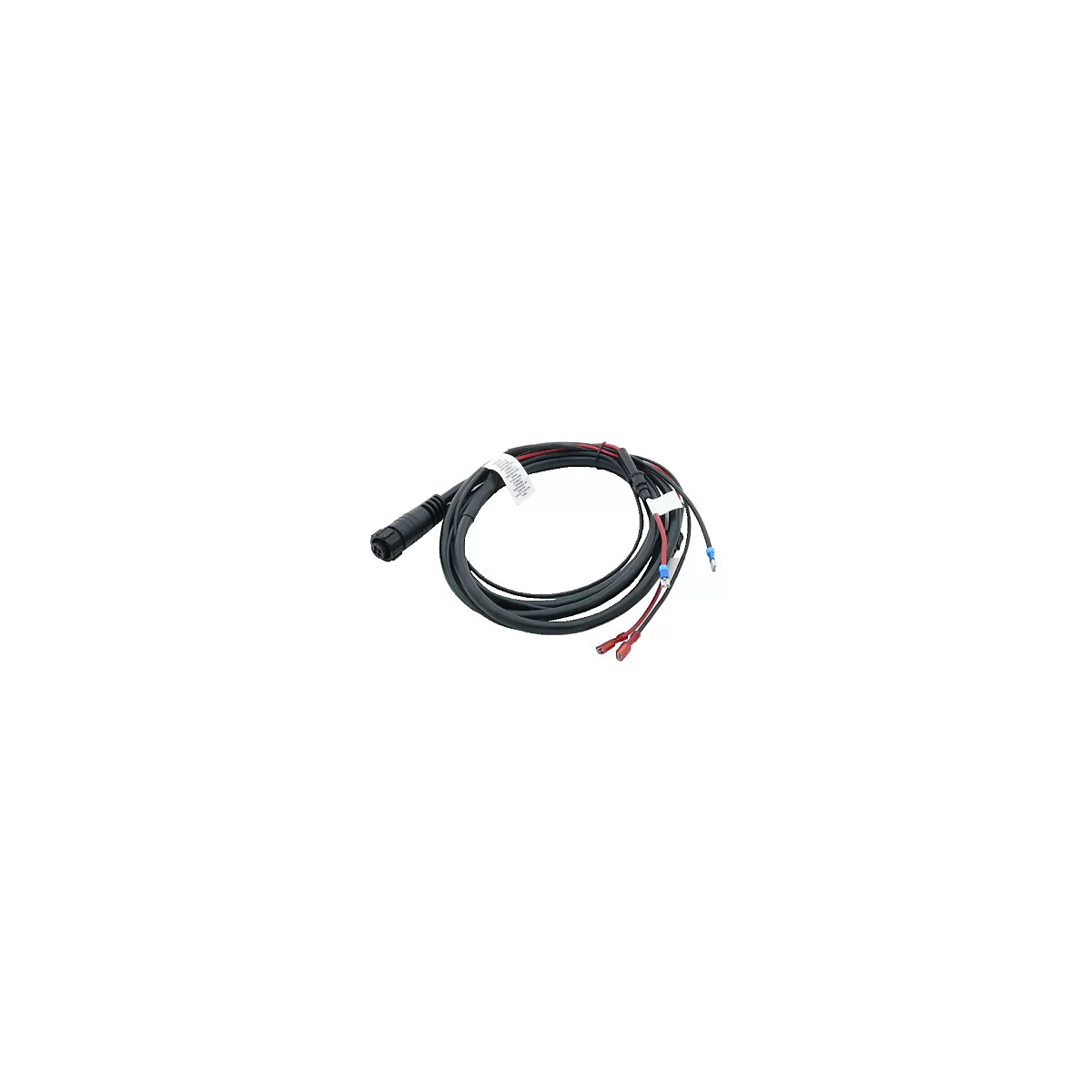 Schwarzes Kabel mit Anschlüssen, Etikett.