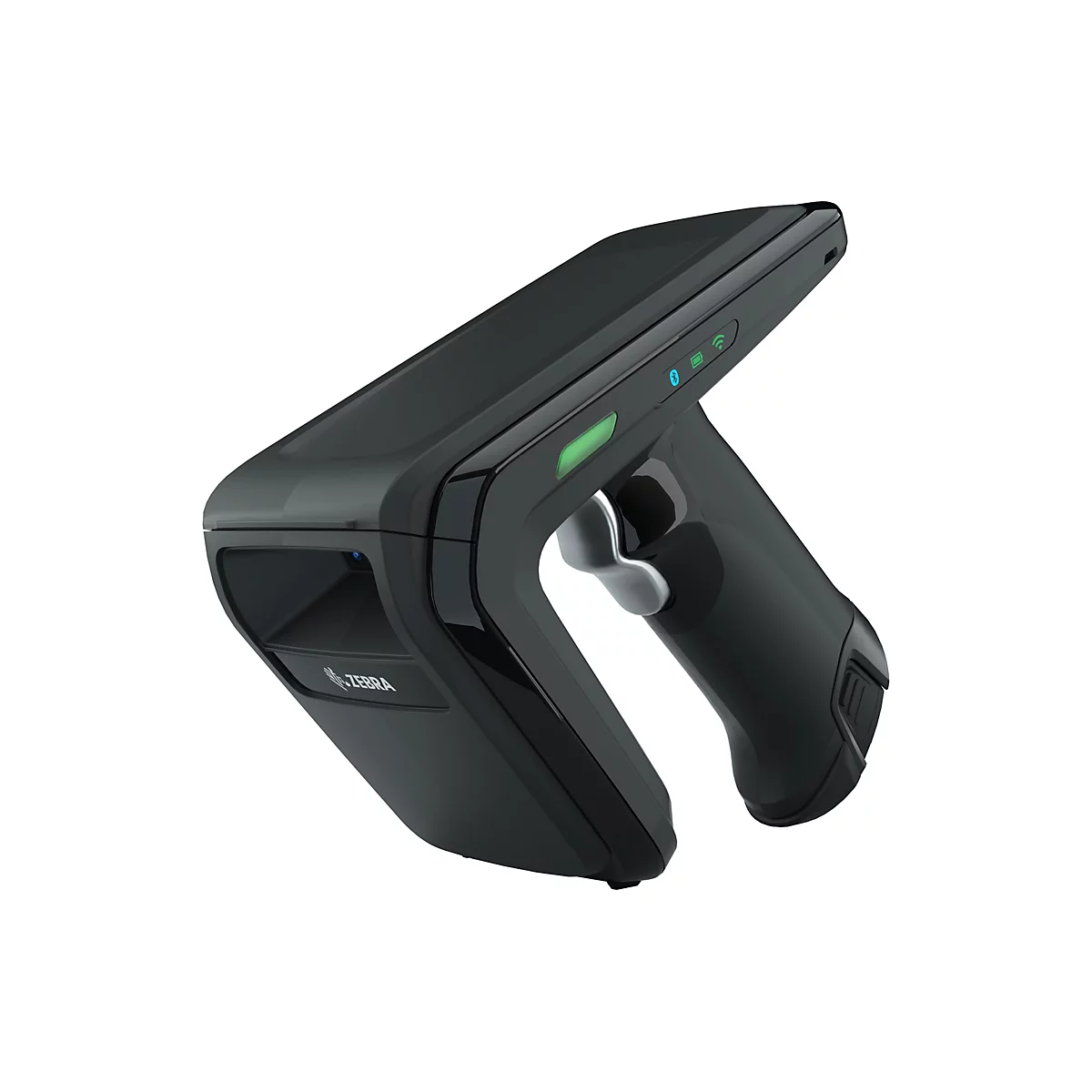 Ein schwarzer Barcode-Scanner von Zebra mit einer ergonomischen Form. Grün und blau leuchtende LEDs zeigen den Status an.