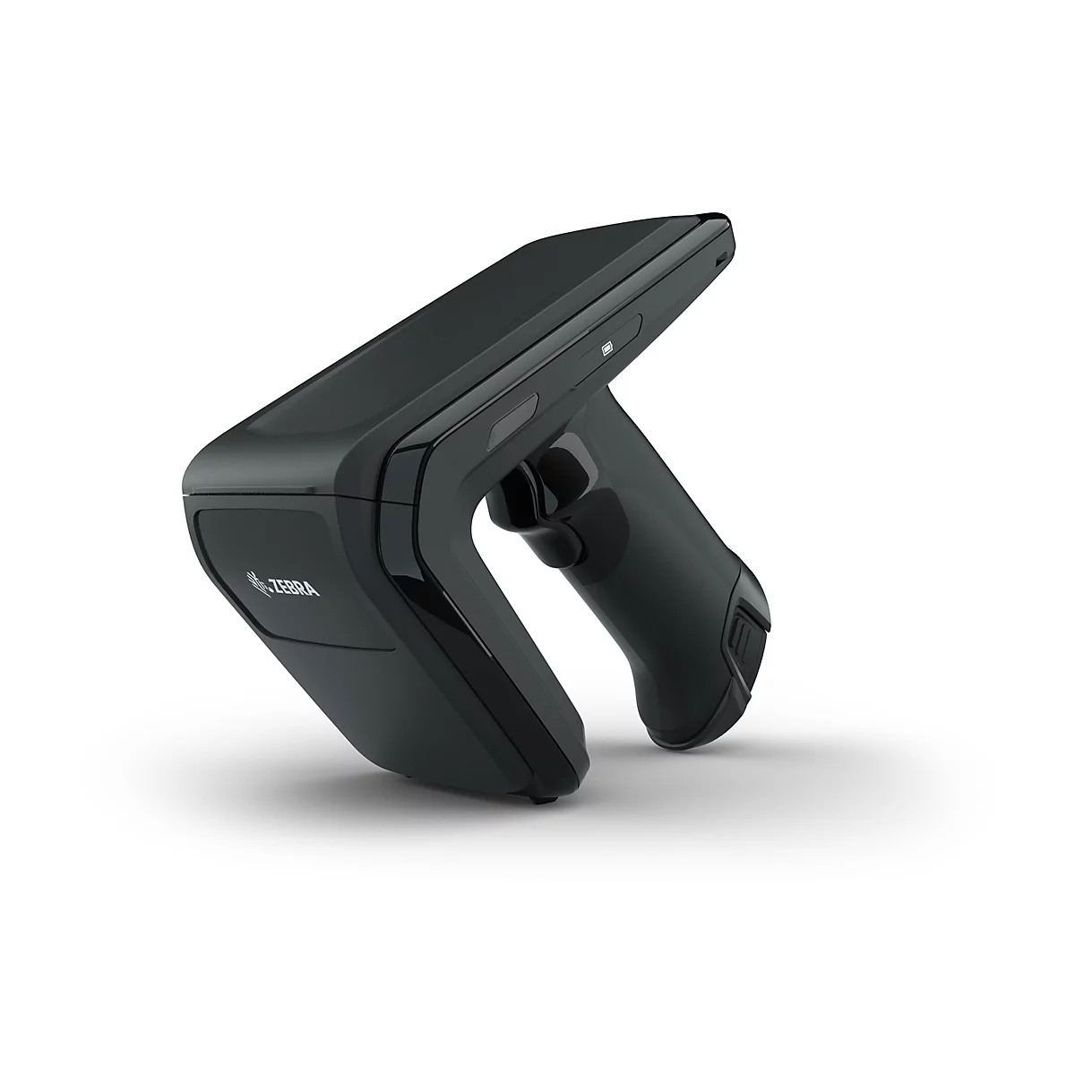 Ein schwarzes Zebra-Barcode-Lesegerät im Winkel. Das Gerät hat eine ergonomische Form mit einem Griff und einem Auslöser. Das Zebra-Logo ist auf der Vorderseite zu sehen.