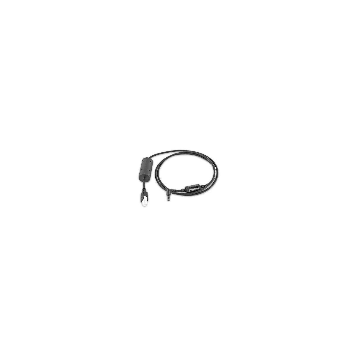 Ein schwarzes Kabel mit mehreren Komponenten, darunter ein Stecker, eine zylindrische Verdickung und ein Winkelanschluss.