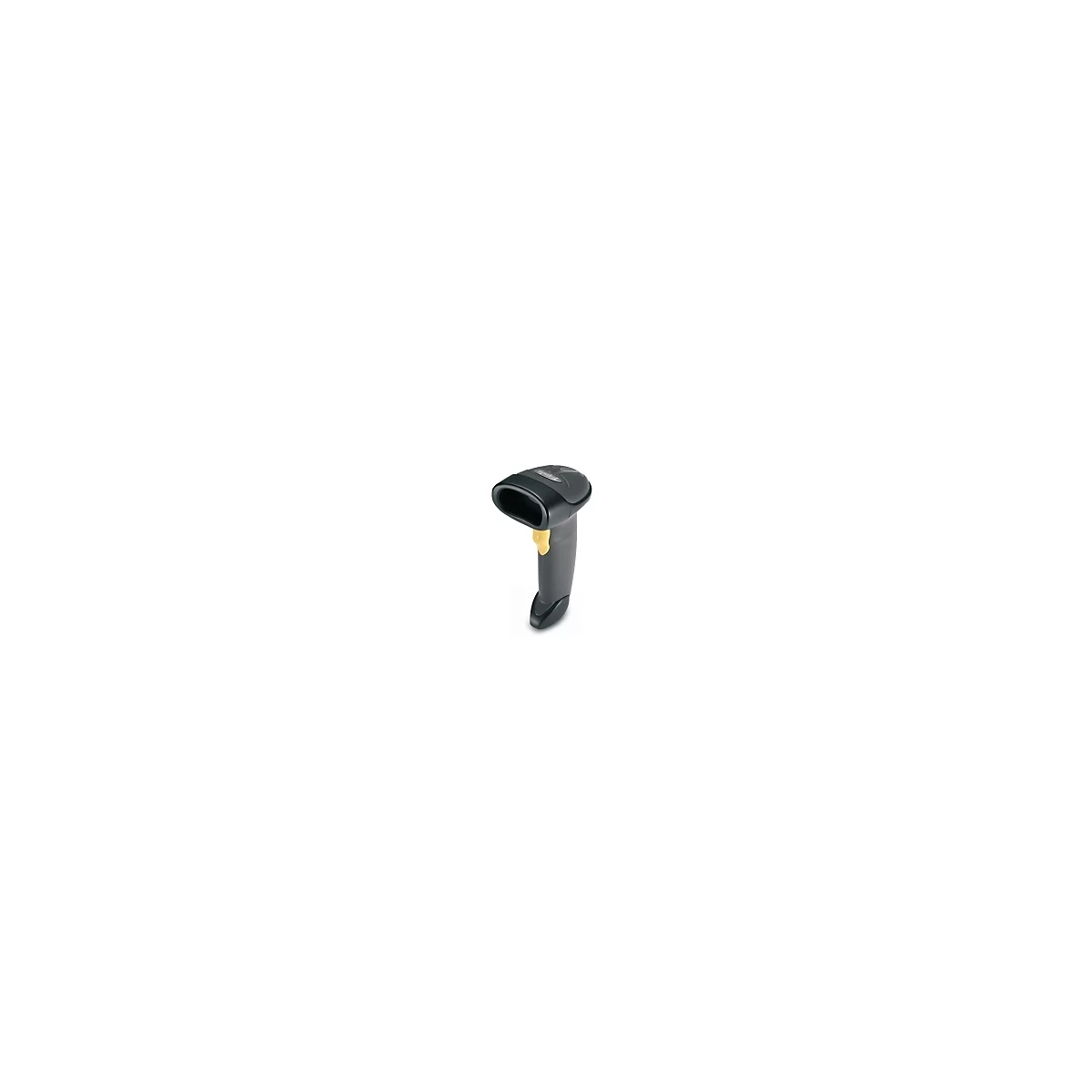 Schwarzer Barcode-Scanner mit gelbem Auslöser, vor weißem Hintergrund.