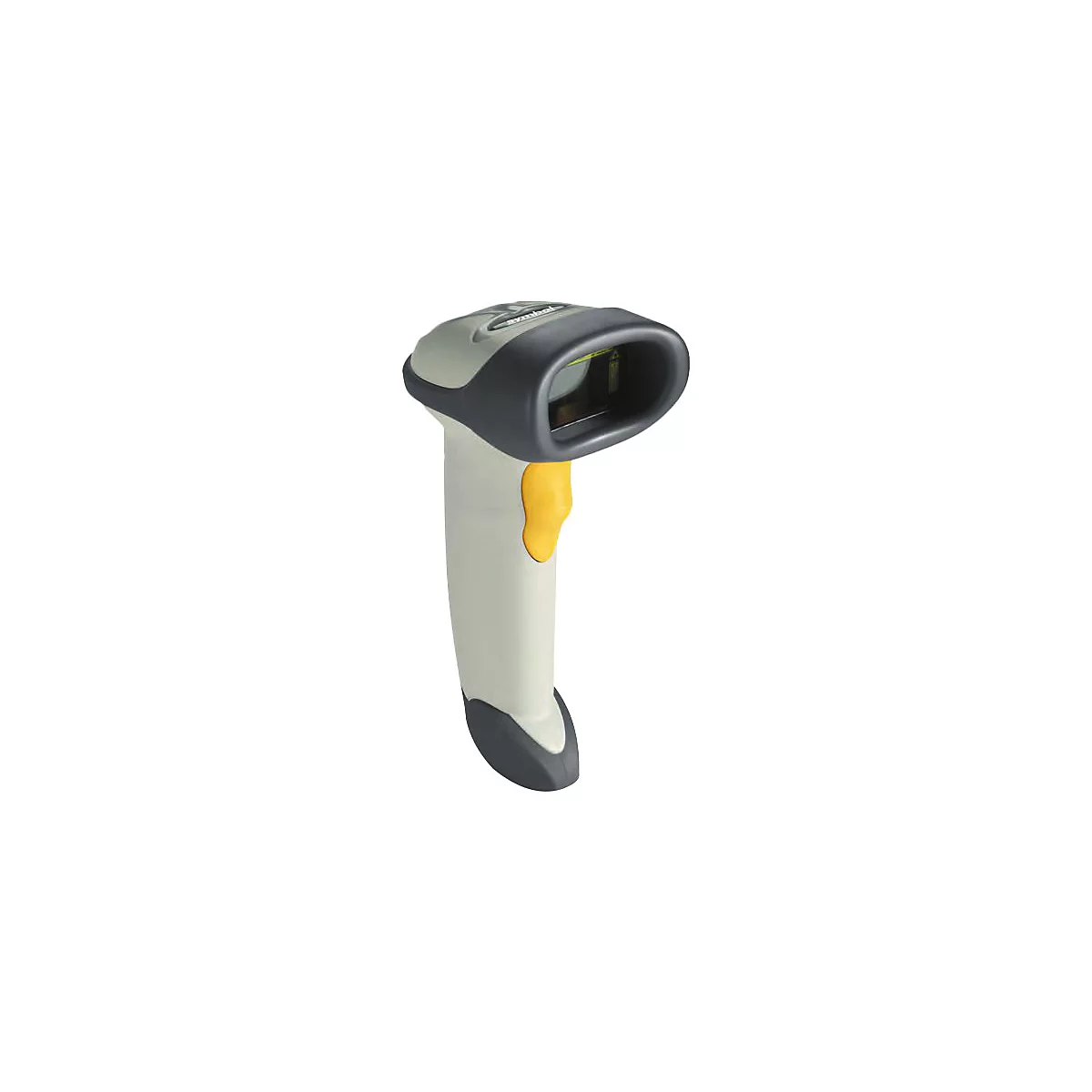 Ein grauer und weißer Barcode-Scanner mit gelbem Knopf, freigestellt vor weißem Hintergrund.