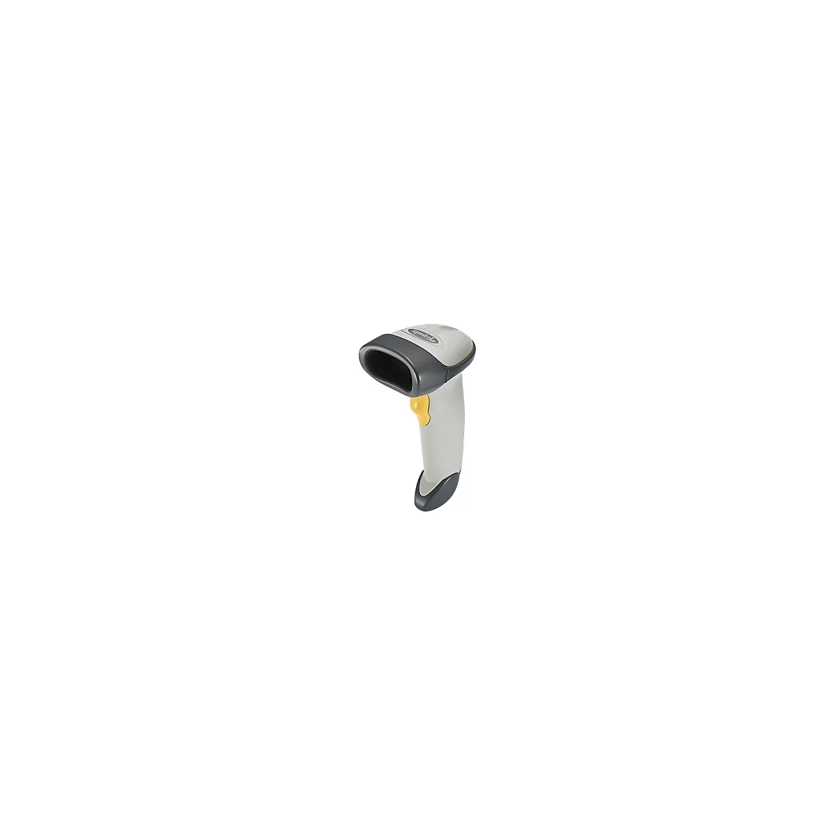 Handscanner in Grau und Schwarz. Gelber Knopf. Logo auf der Oberseite.