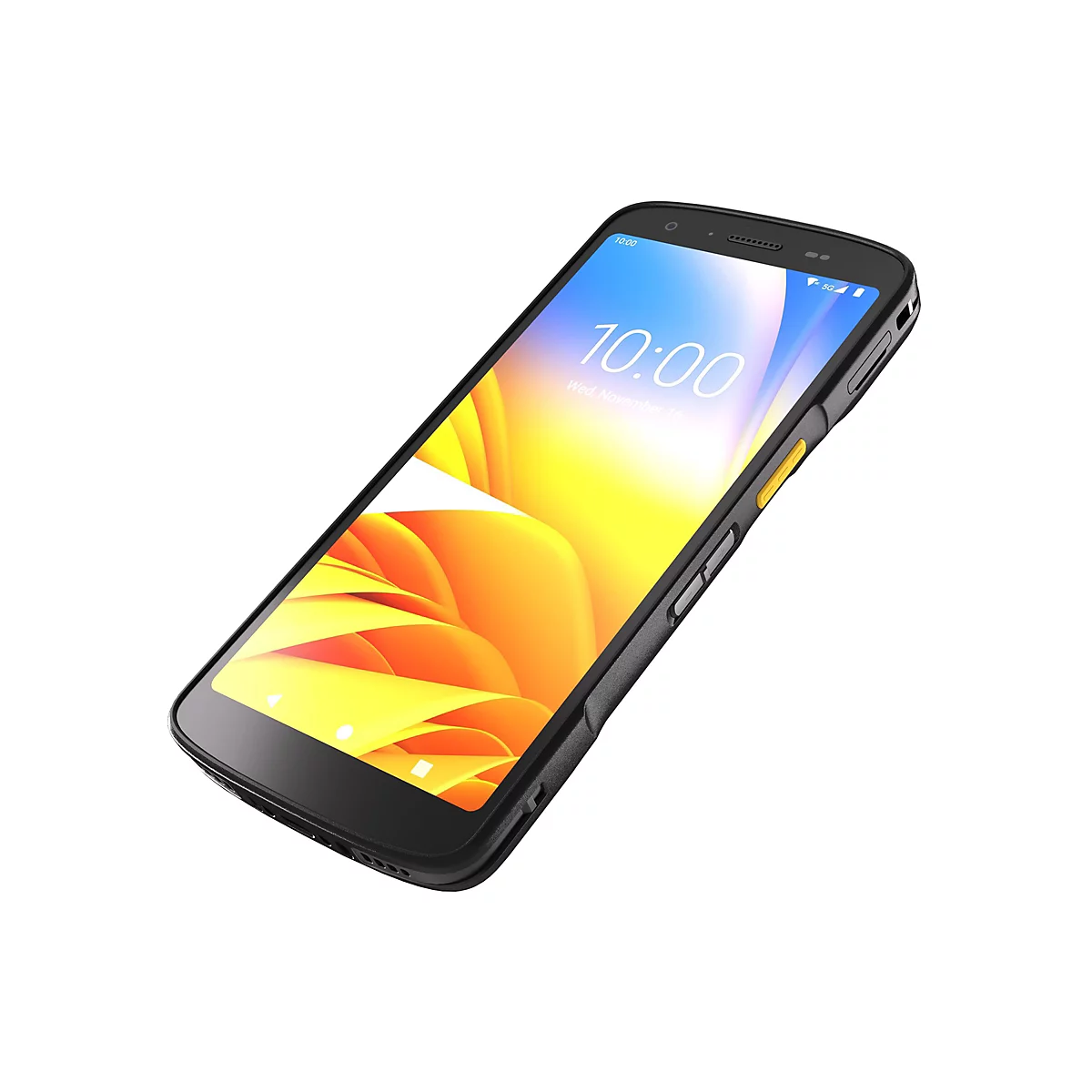 Ein schwarzes Smartphone, das in einem Winkel auf weiÃŸem Hintergrund liegt. Auf dem Bildschirm ist es 10:00 Uhr.