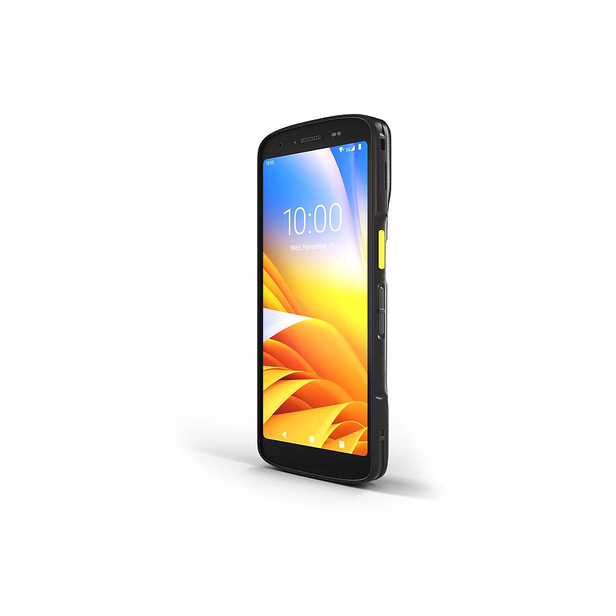 Schwarzes Smartphone, Uhrzeit 10:00 Uhr. Gelber Knopf an der Seite, Detail der OberflÃ¤che.