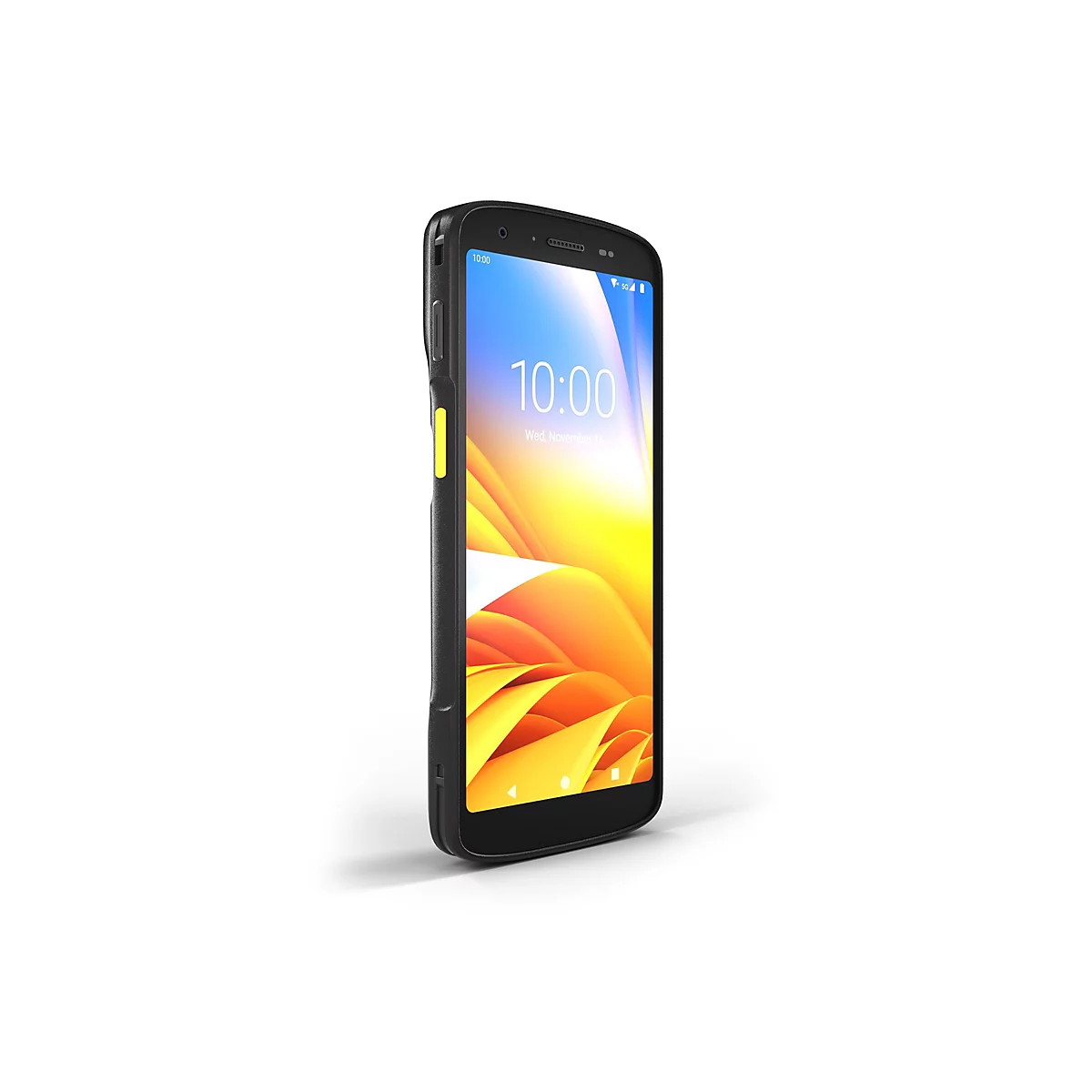 Ein Smartphone in einem schwarzen GehÃ¤use mit gelben Akzenten, der Bildschirm zeigt eine Uhrzeit von 10:00 Uhr.