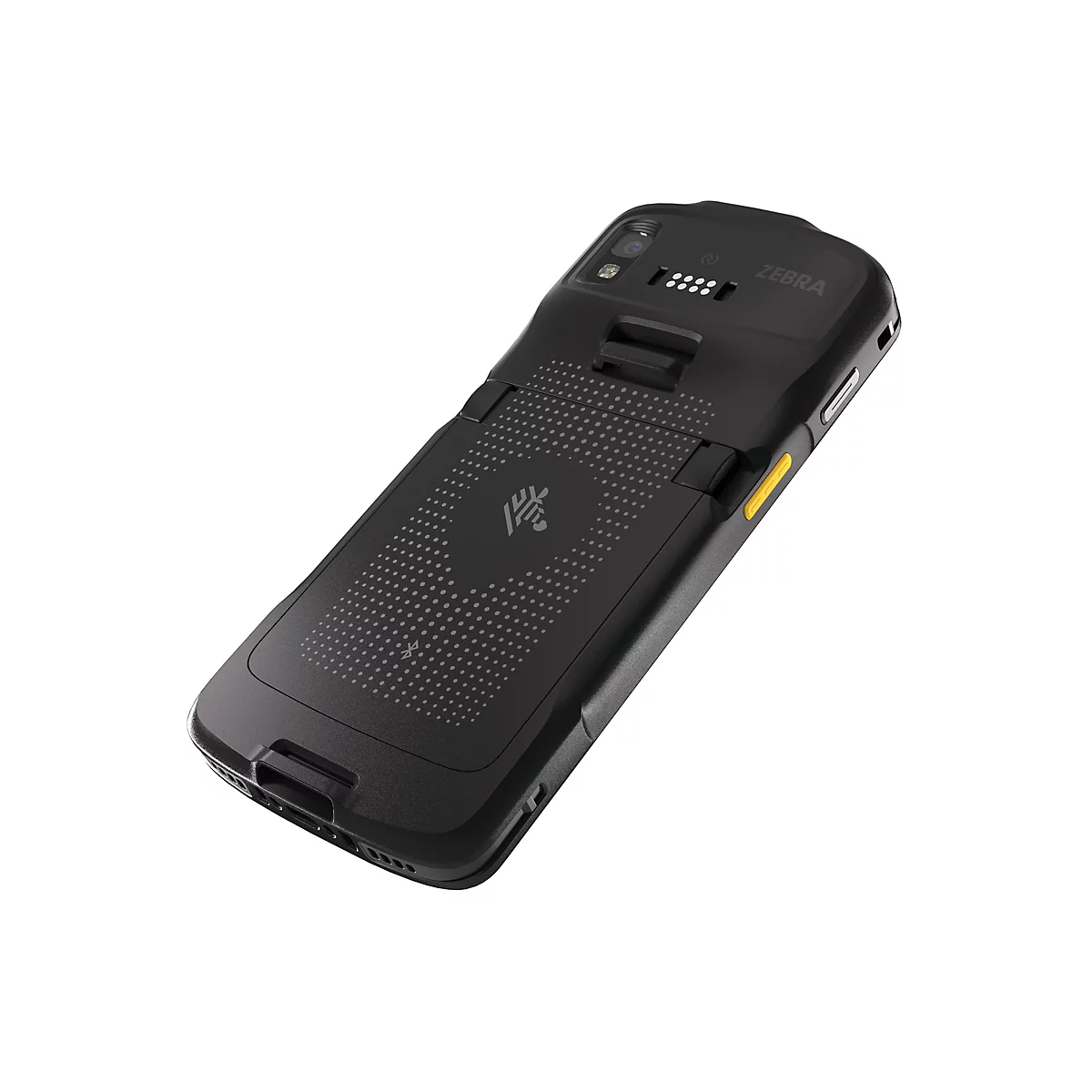 Schwarzes Zebra-Handheld-GerÃ¤t von hinten. Mit Zebra-Logo und gelben Akzenten.