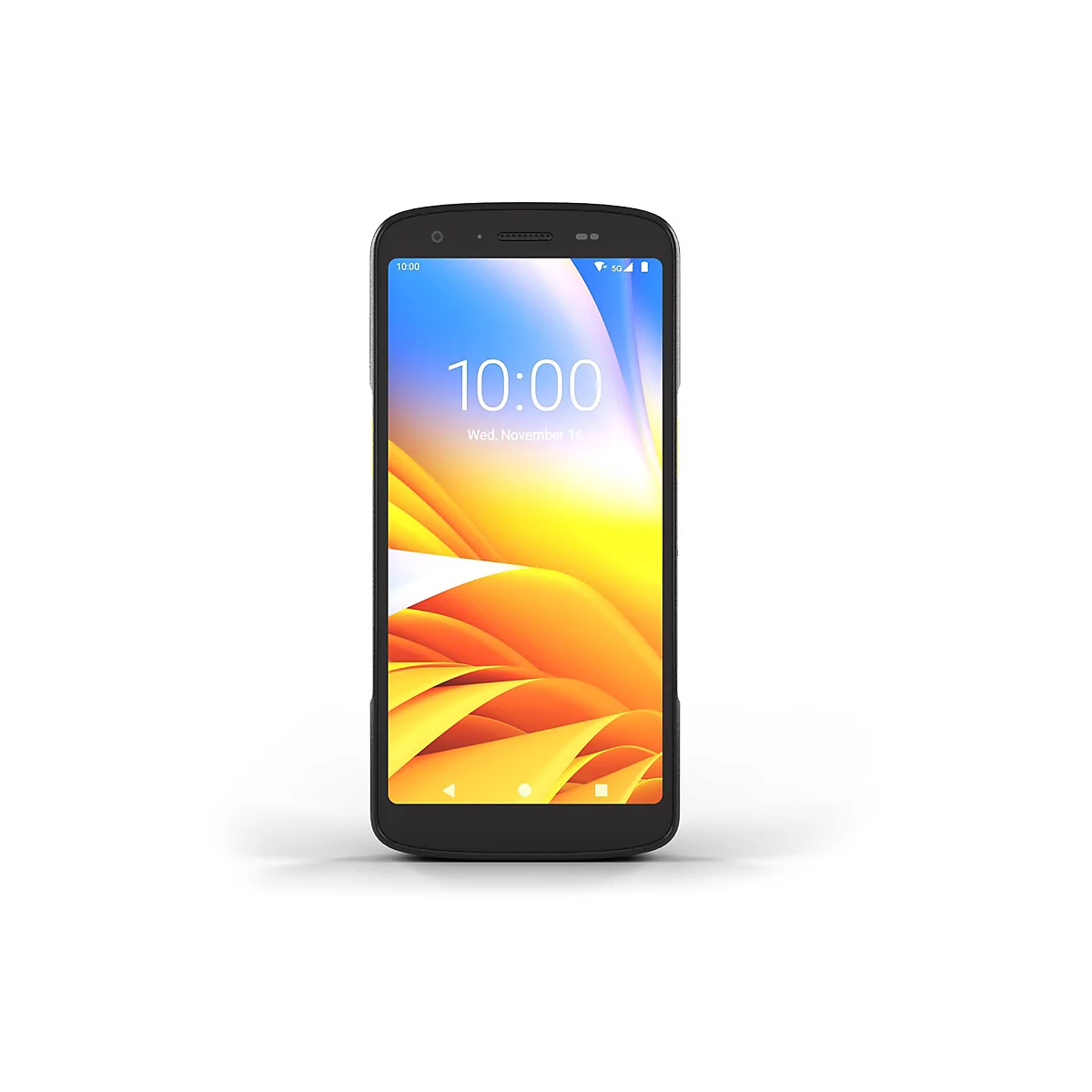 Schwarzes Smartphone, Display mit orangefarbenem Hintergrund, Uhrzeit 10:00.