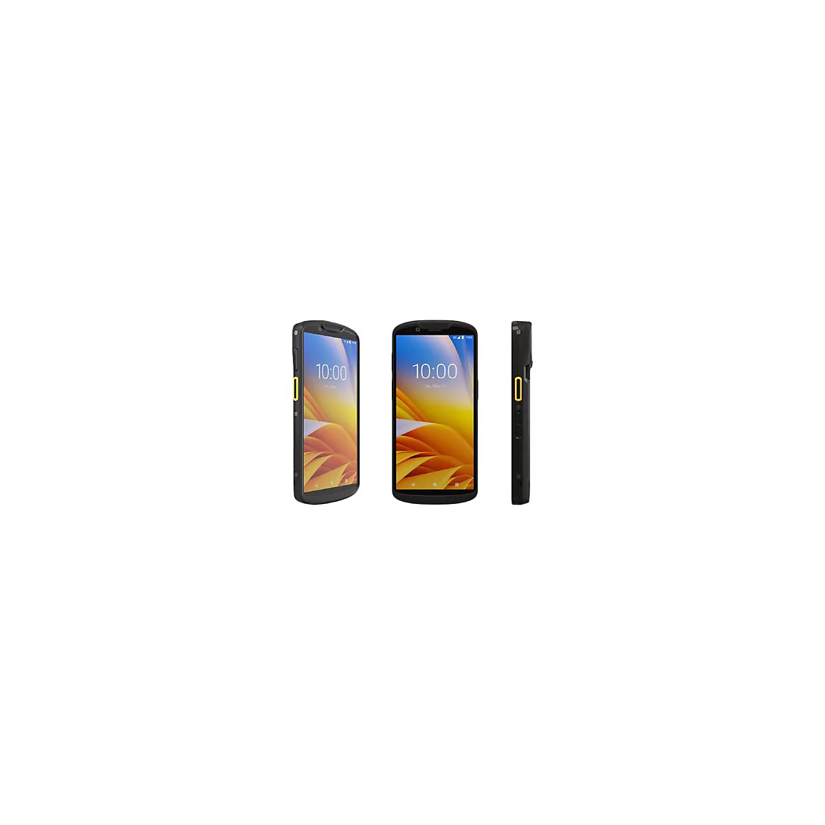 Schwarzes Smartphone. Vorder-, Seiten- und Dreiviertelansicht. Display zeigt Uhrzeit, gelber Akzent.