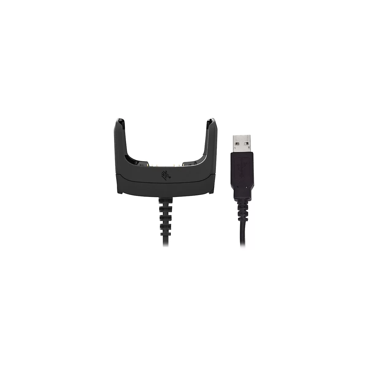 Schwarze Ladestation mit USB-Kabel. Auf der Station ist das Zebra-Logo abgebildet.