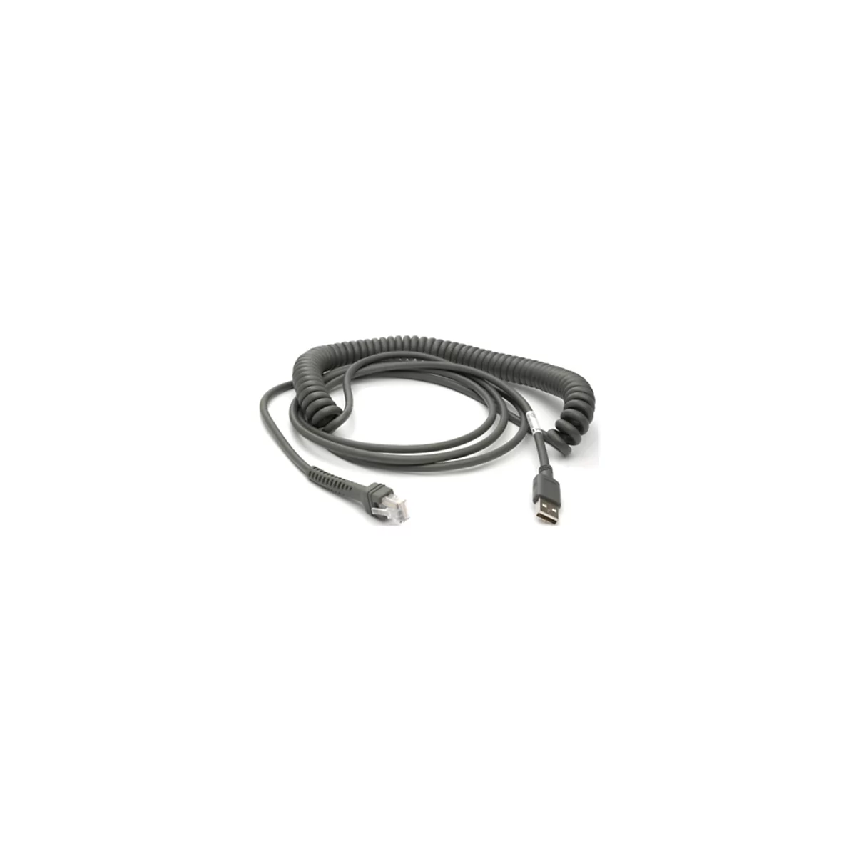 Graues, gewendeltes Kabel mit USB- und RJ45-Steckern auf weißem Hintergrund.