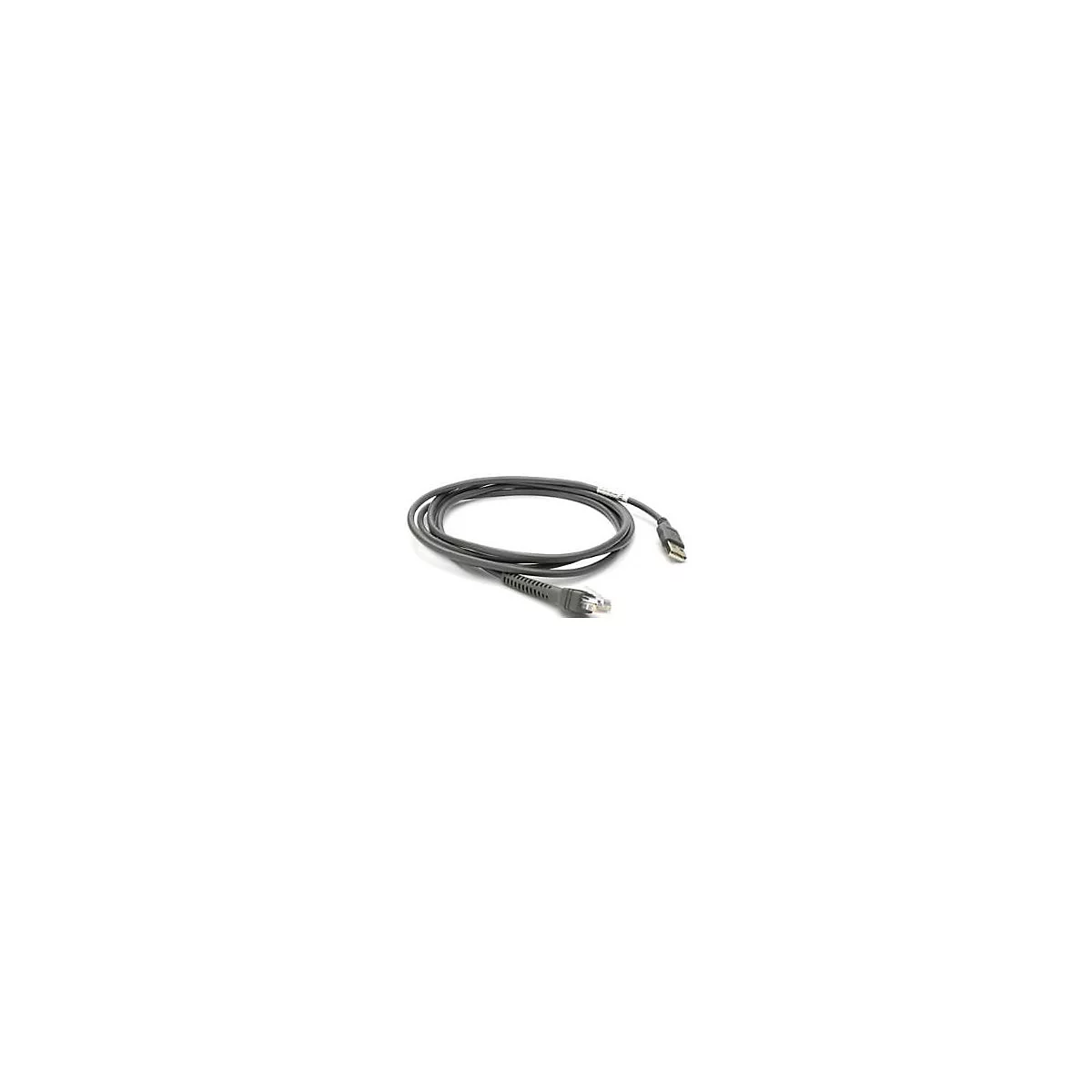 Graues Kabel mit USB- und RJ45-Stecker, auf weißem Hintergrund.