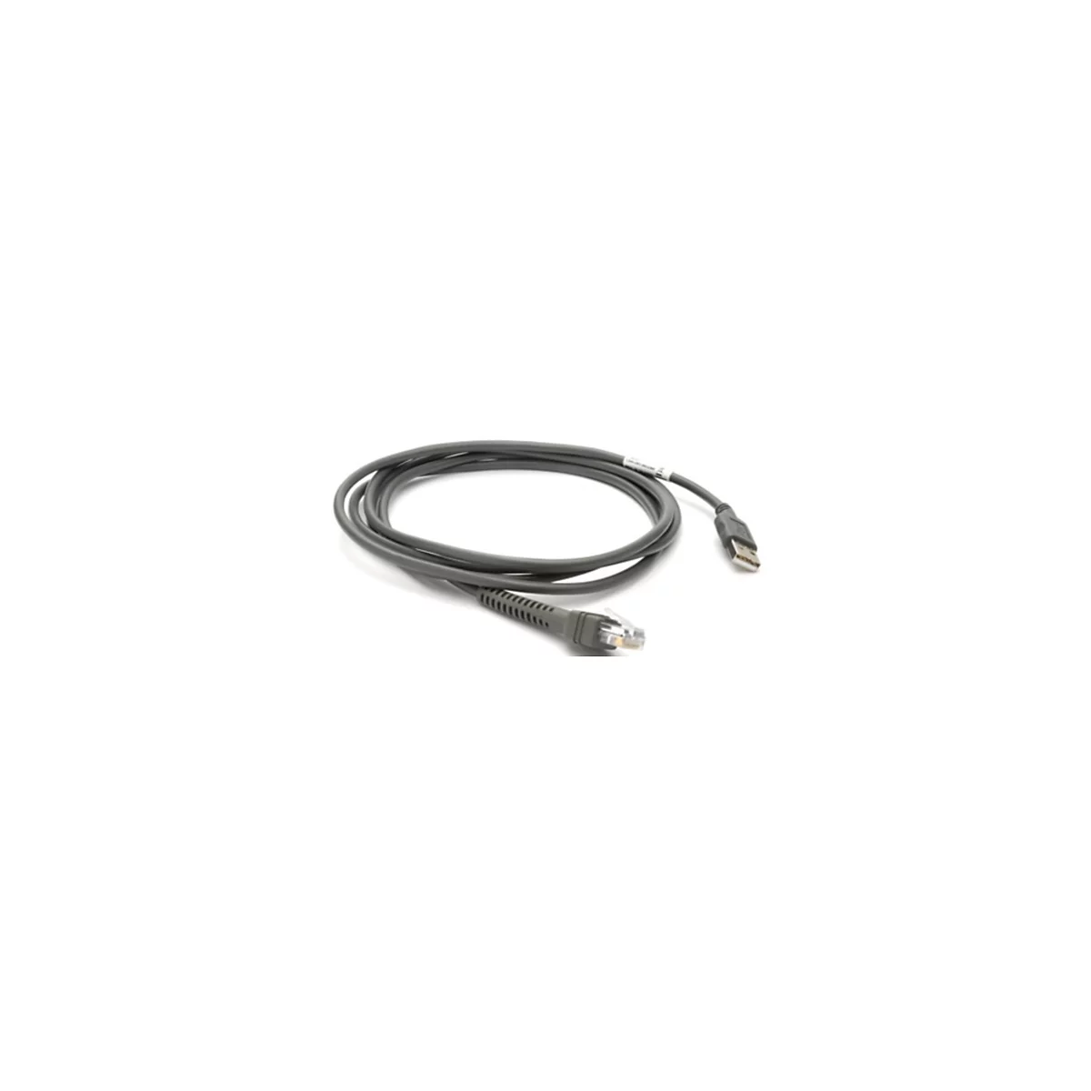 Graues USB-Kabel mit RJ45-Stecker, auf weißem Hintergrund.