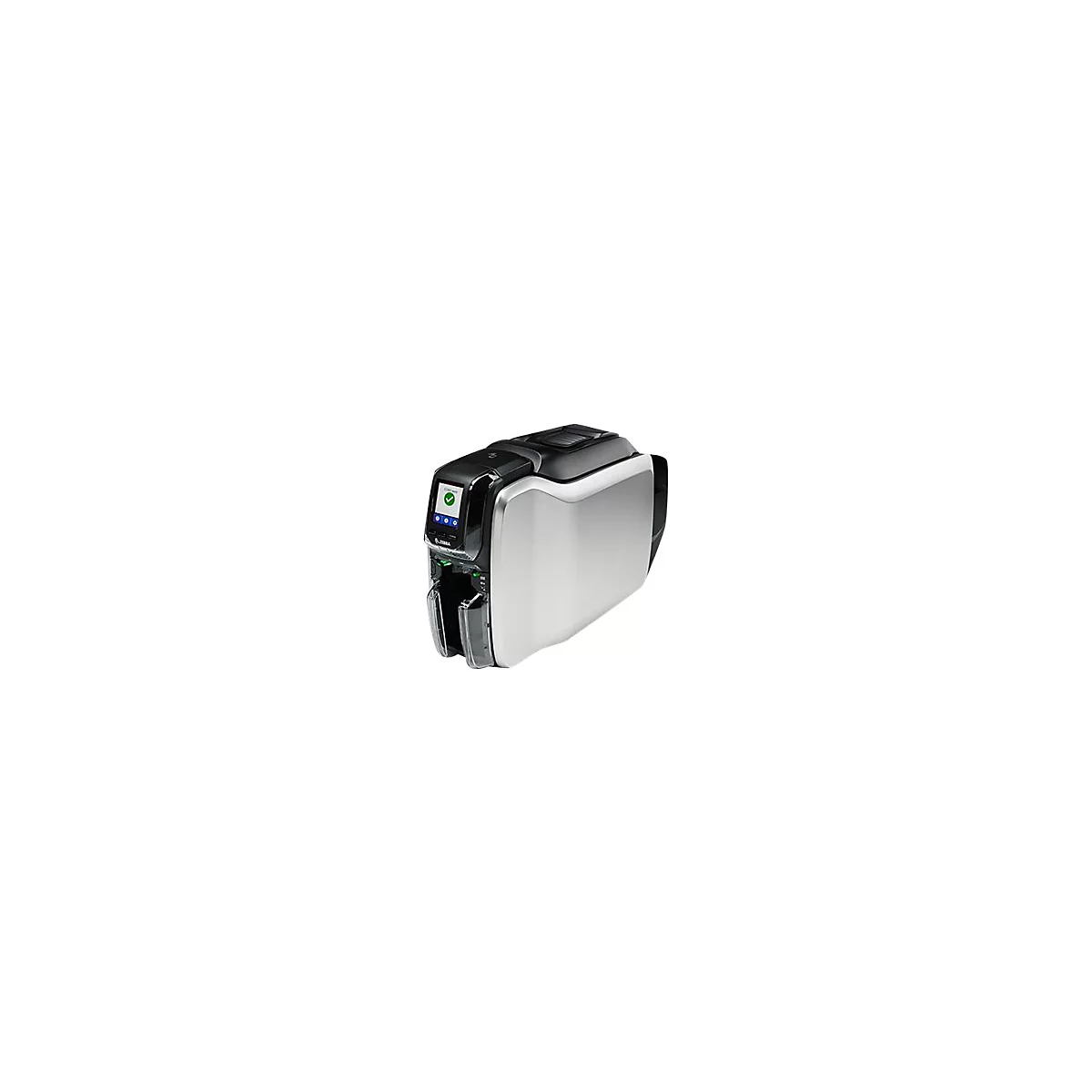Karten-Drucker, schwarz und silber, mit Display und grÃ¼nem Haken.